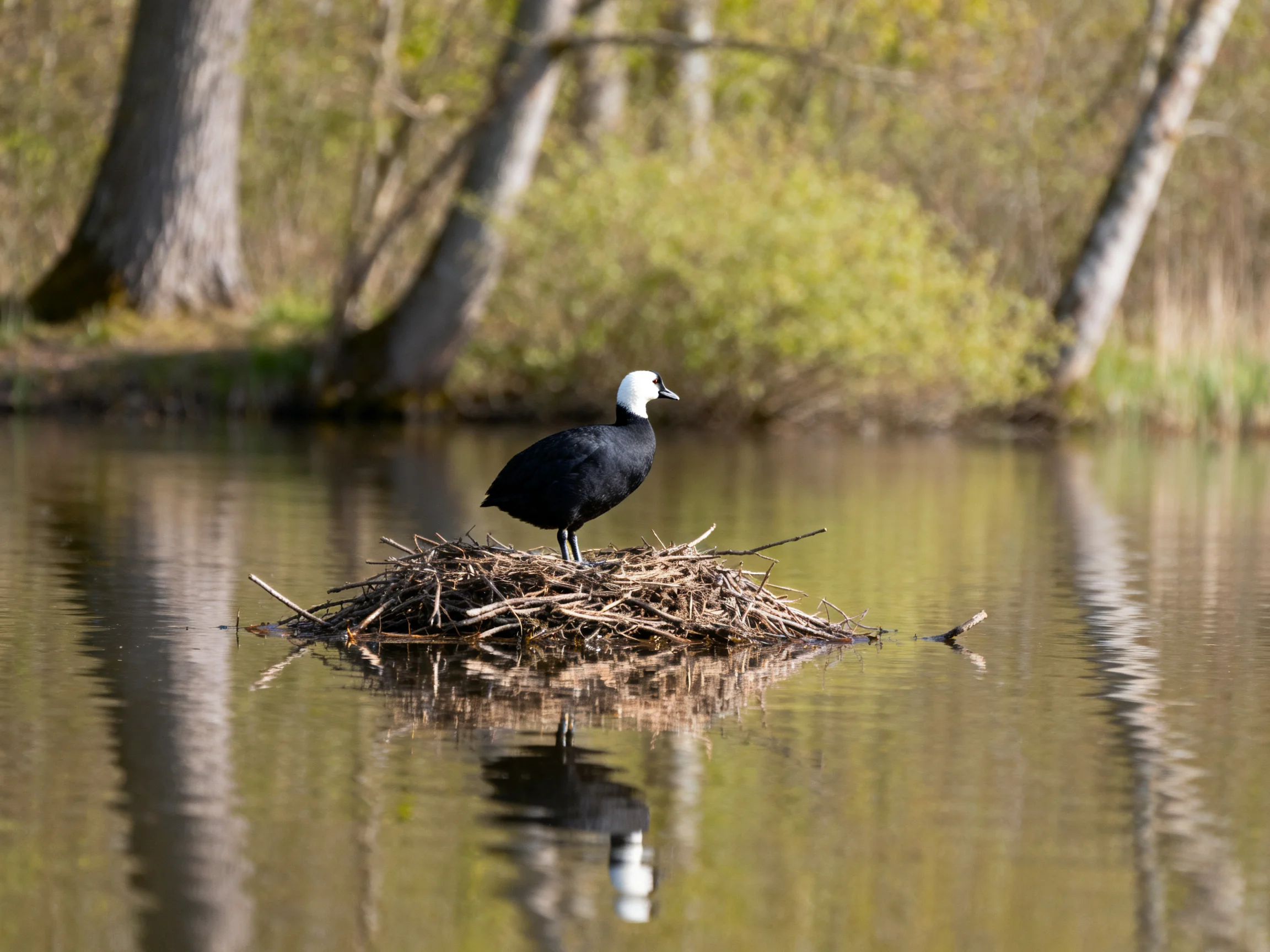 Black and white bird resting on twig nest in calm water