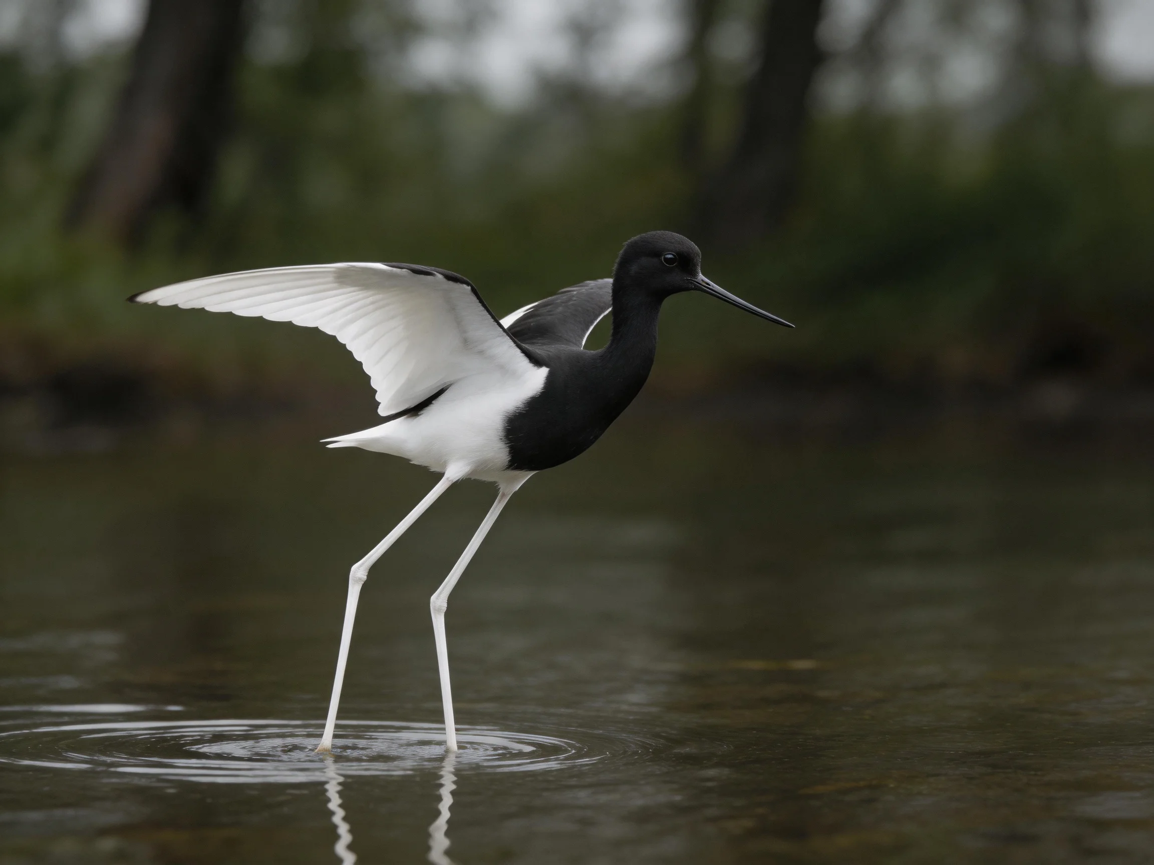 A black and white bird spreads its wings while standing in shallow water