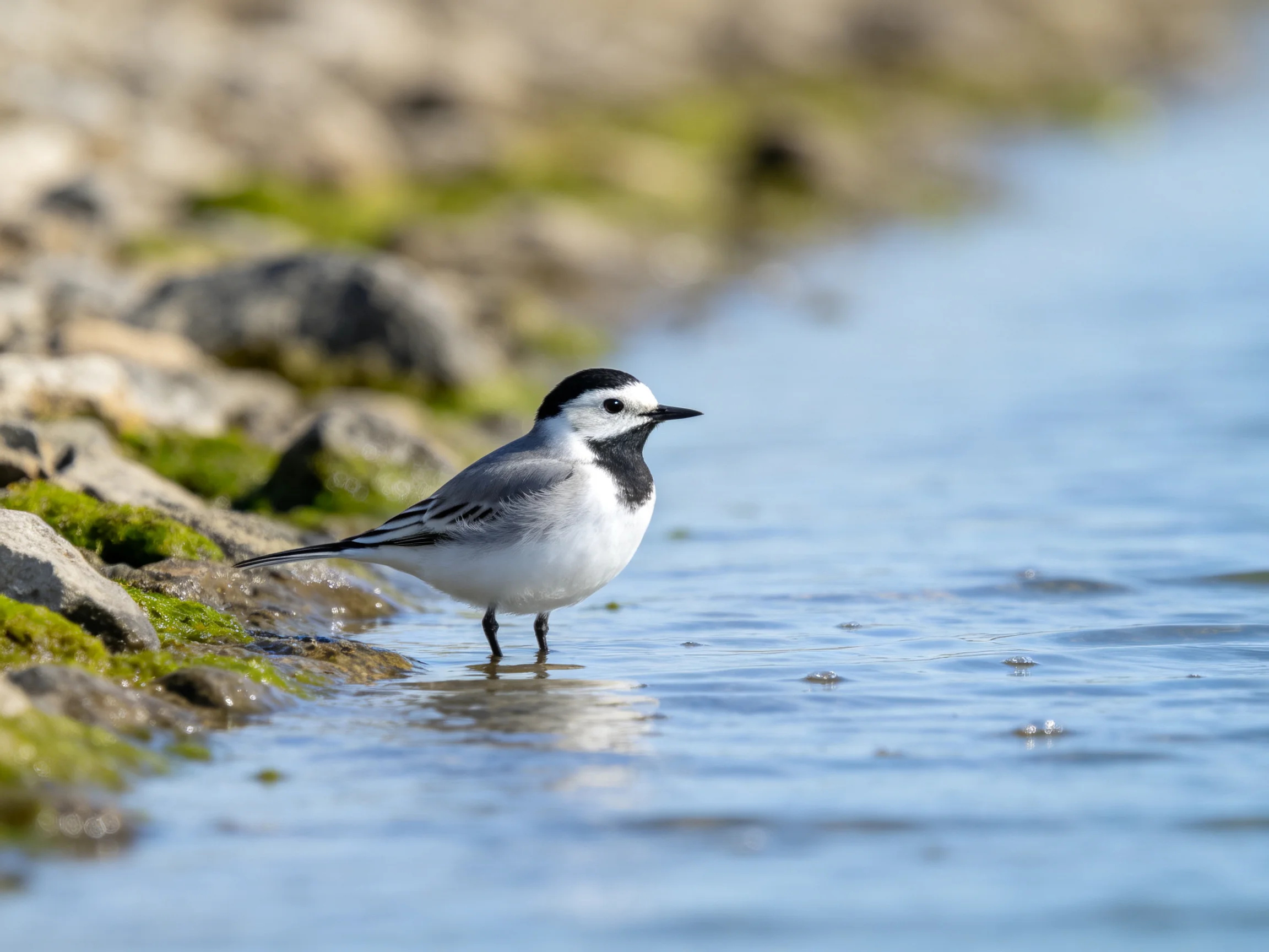 A small black-and-white bird stands by shallow water next to rocks.