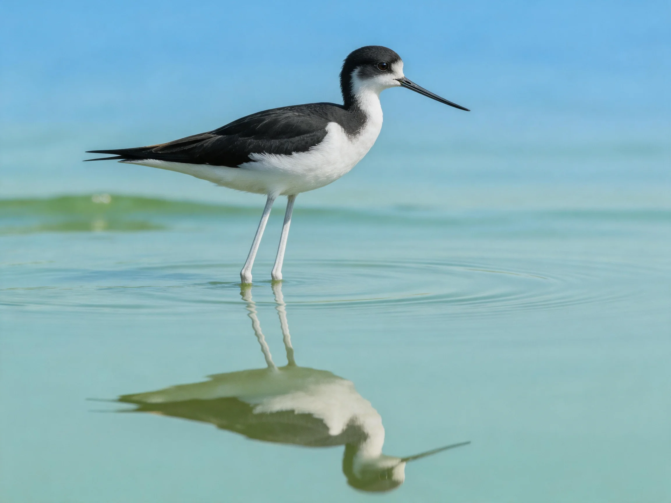 Black and white bird wading in calm, reflective water
