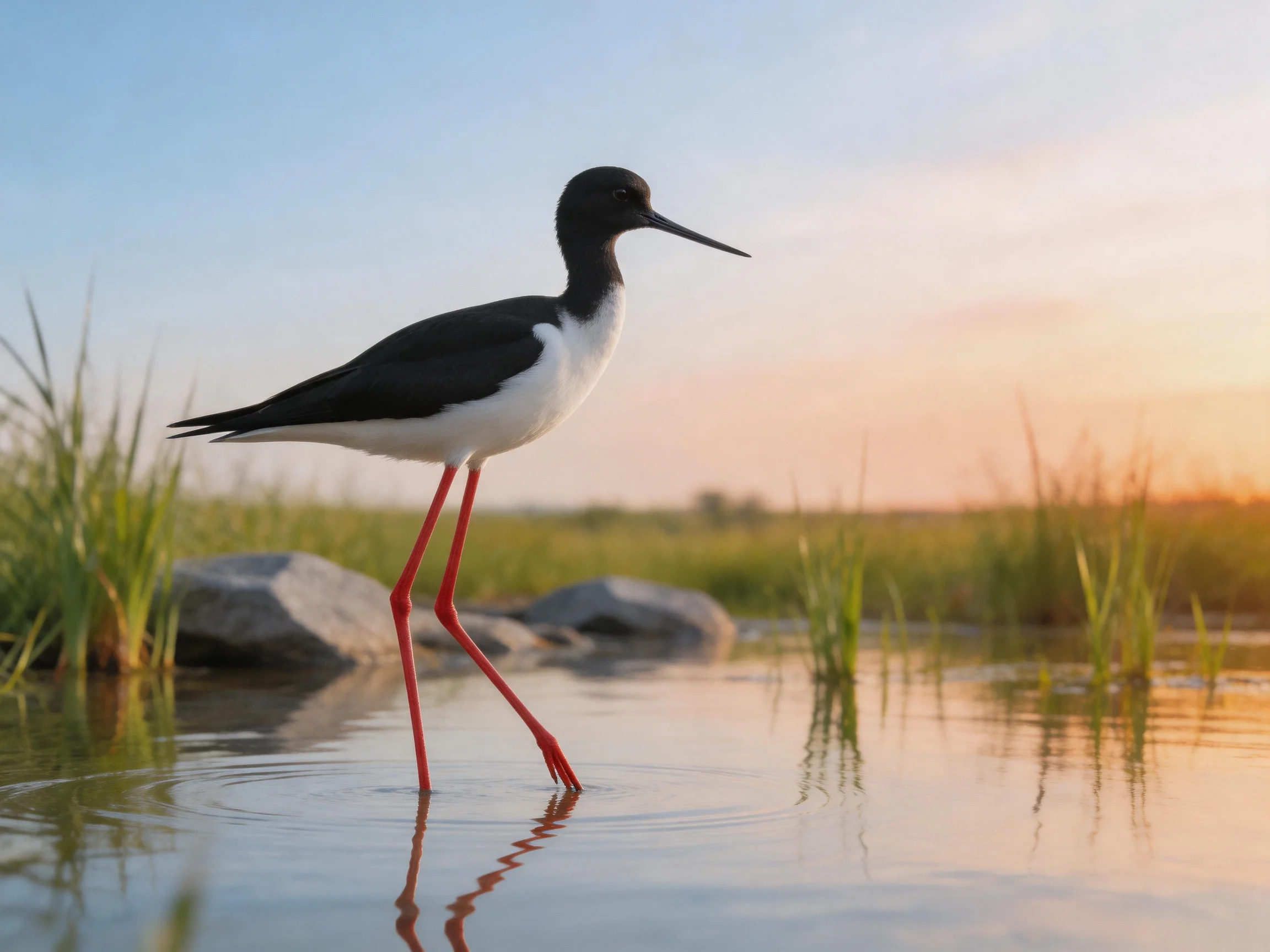 Black-and-white bird with bright red legs wades in shallow water at sunset.