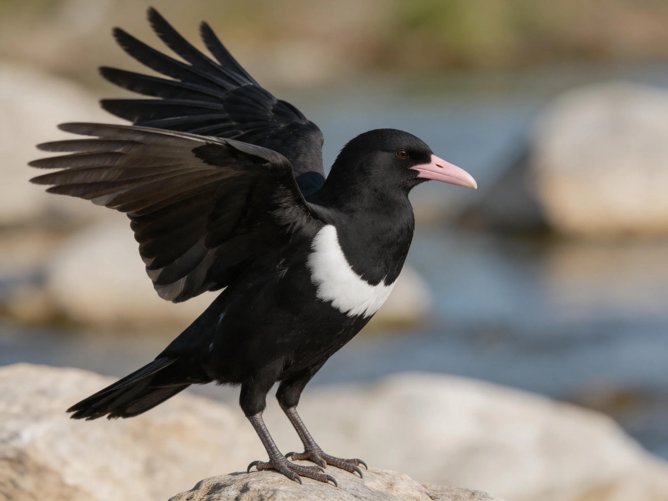 Black and white bird with outstretched wings on a rock