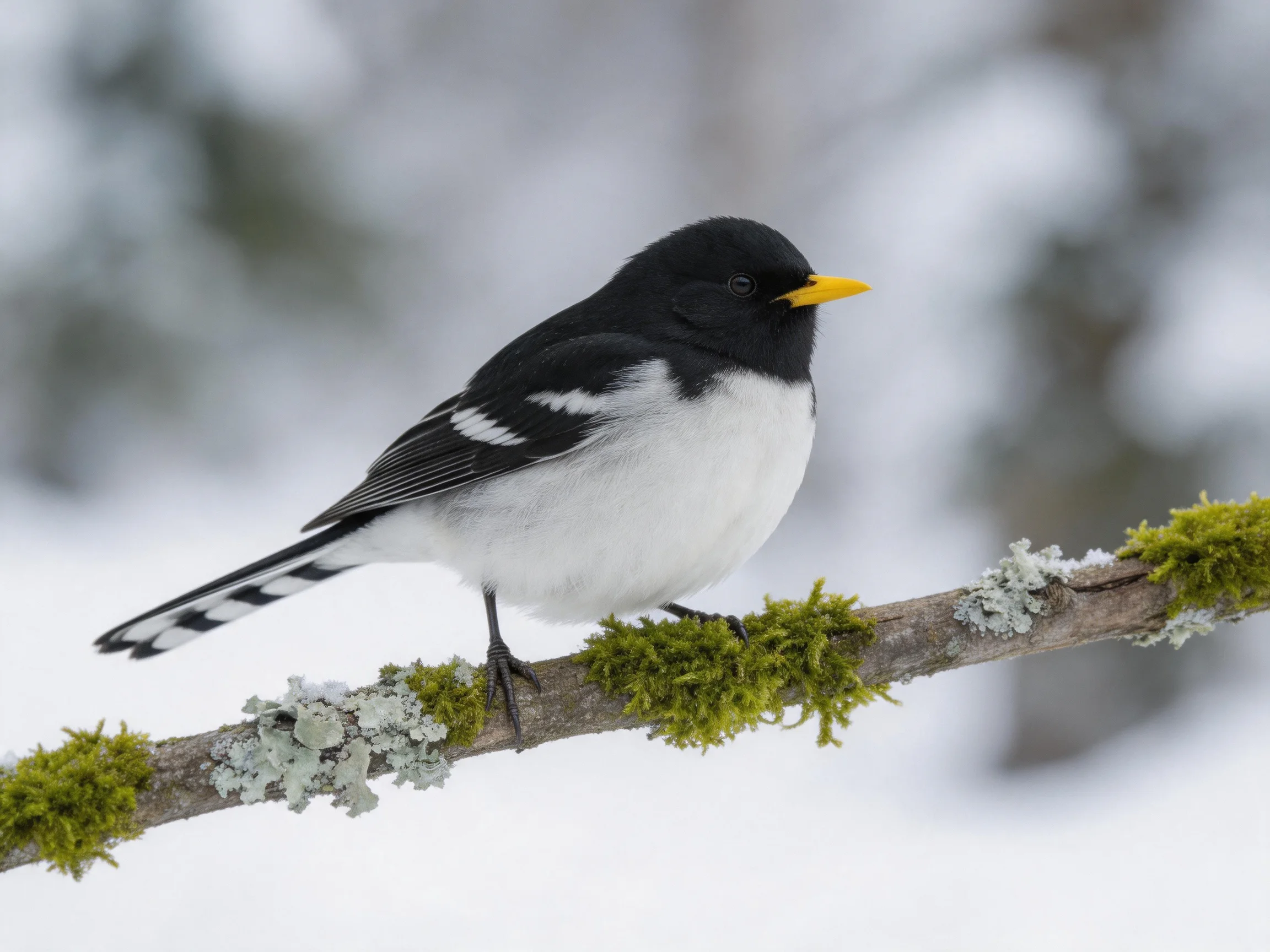 Black and white bird with yellow beak perches on mossy branch