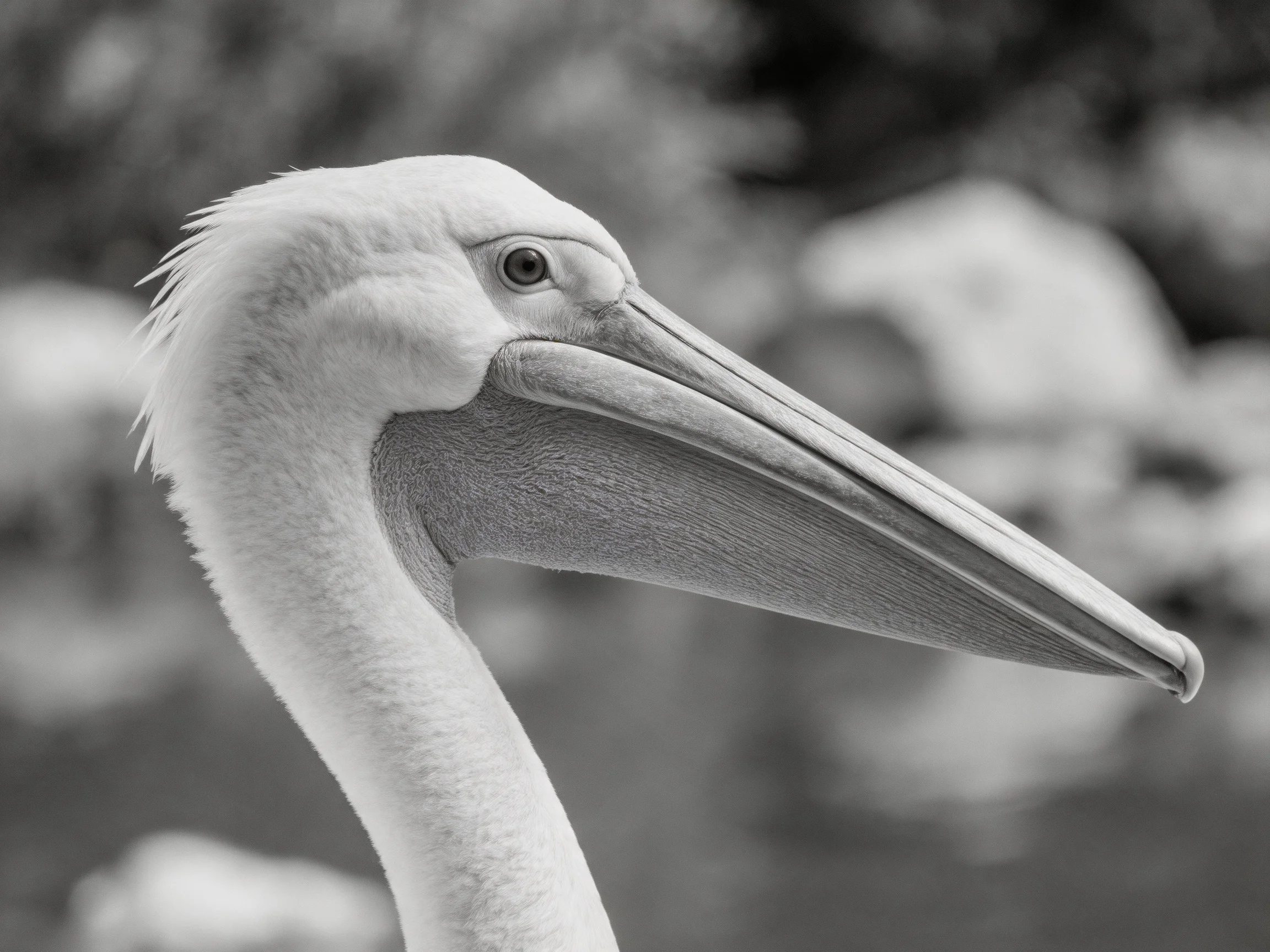 A black - and - white close - up highlights a pelicans head featuring a long, curved beak.