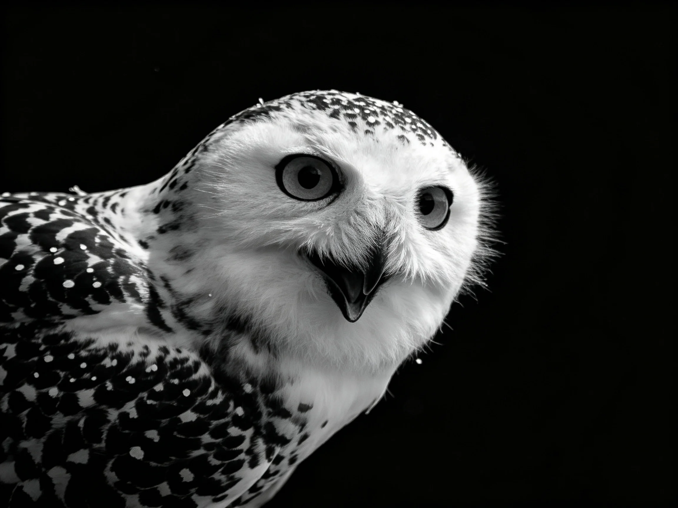 Black and white close-up of a snowy owl with patterned feathers