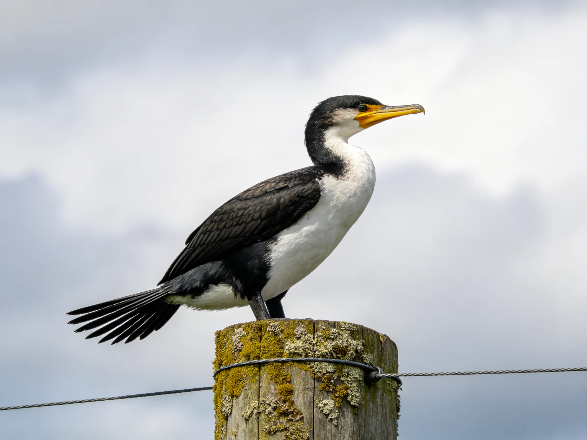 Black and white cormorant perched on lichen-covered wooden post under cloudy sky