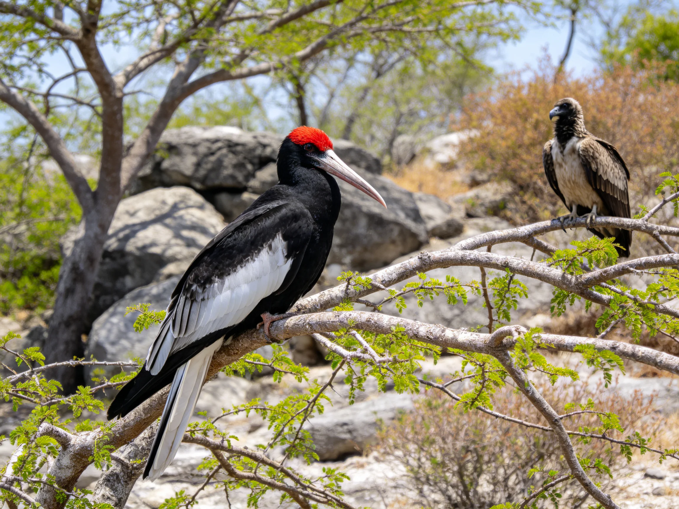 Black-and-white crested bird and brown vulture perch on tree branches near rocks.
