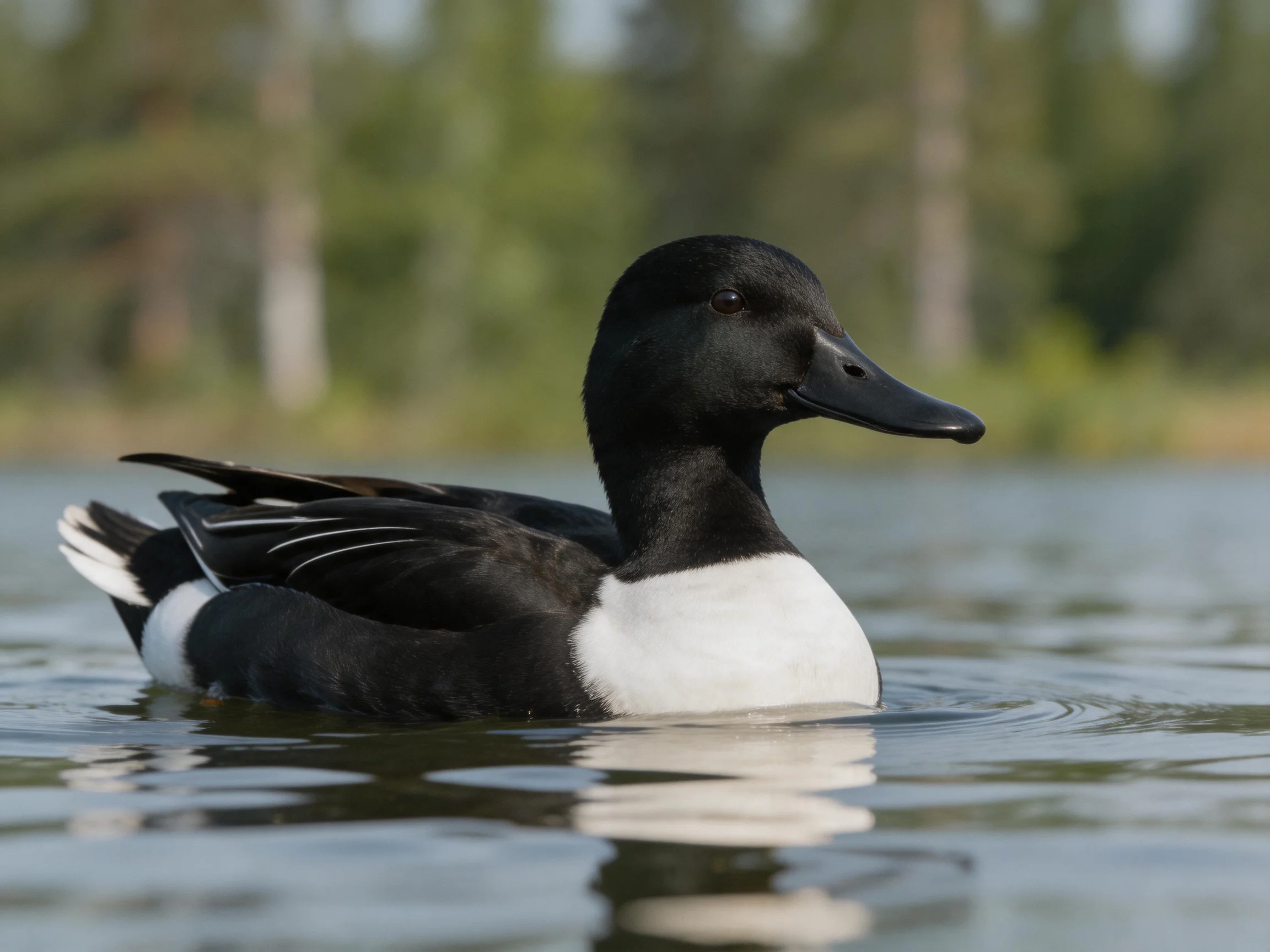 Black and white duck swimming in calm water near forested shoreline