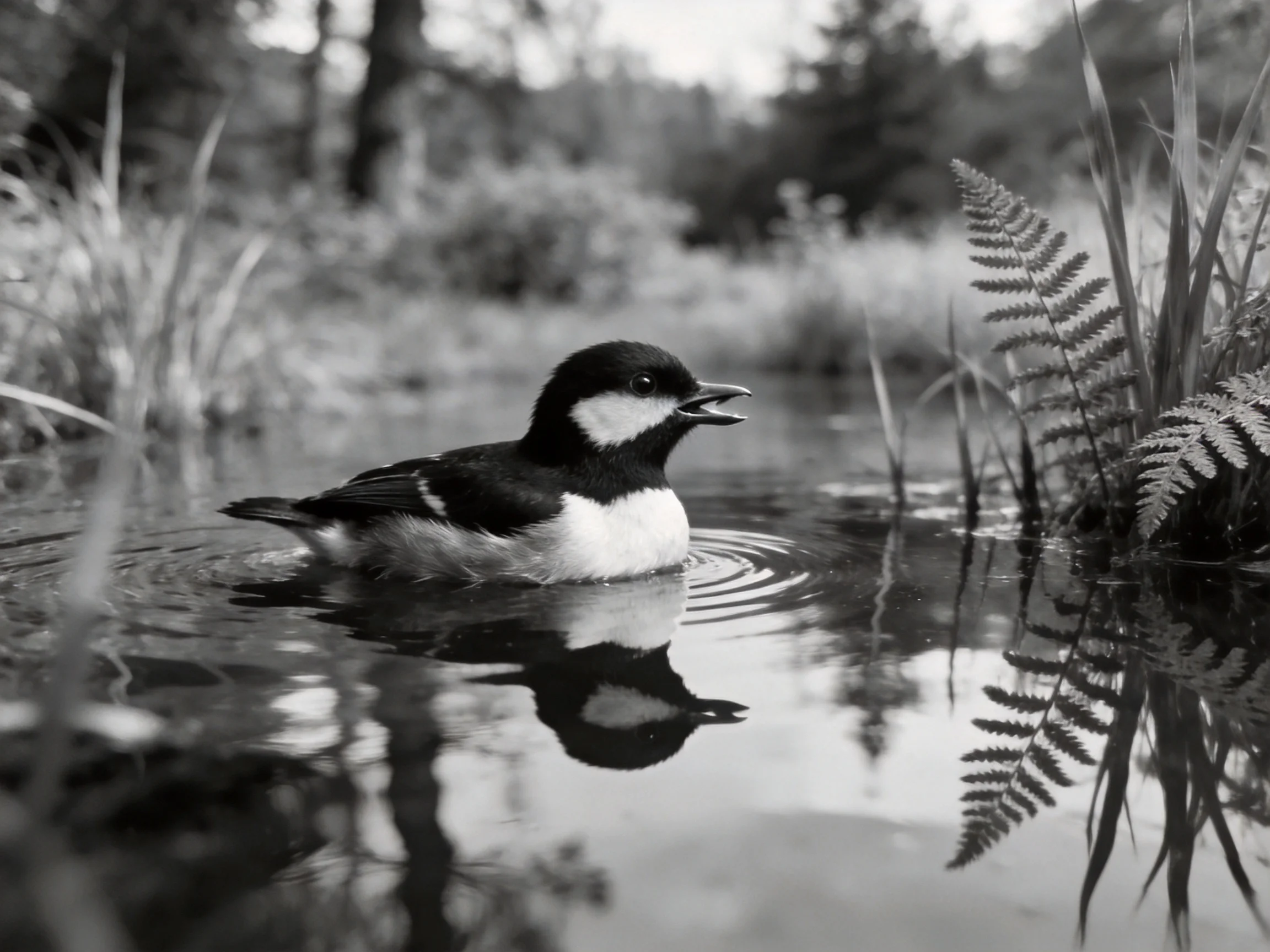 Black and white duck swimming in shallow water among vegetation