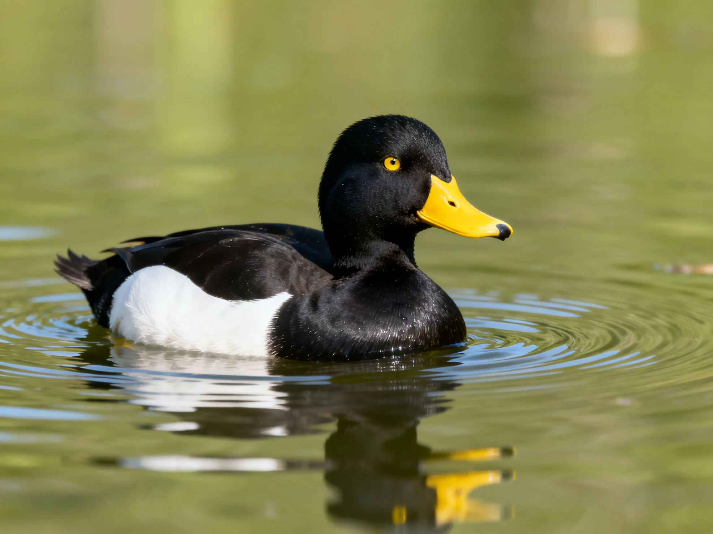 Black and white duck with bright yellow beak swimming in calm water