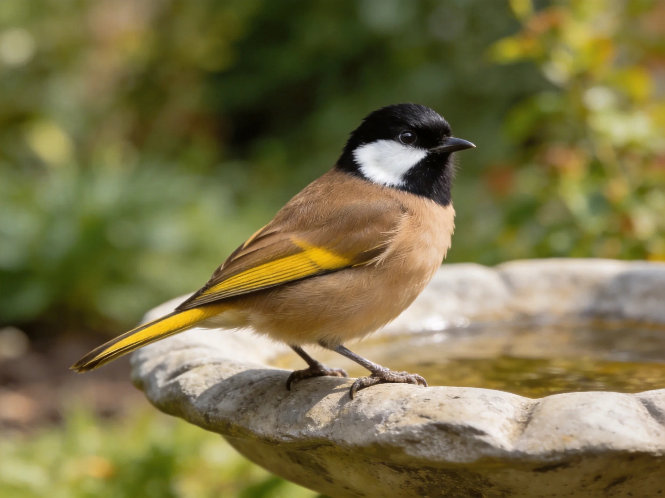 Black-and-white-headed bird with yellow wings perches on stone birdbath