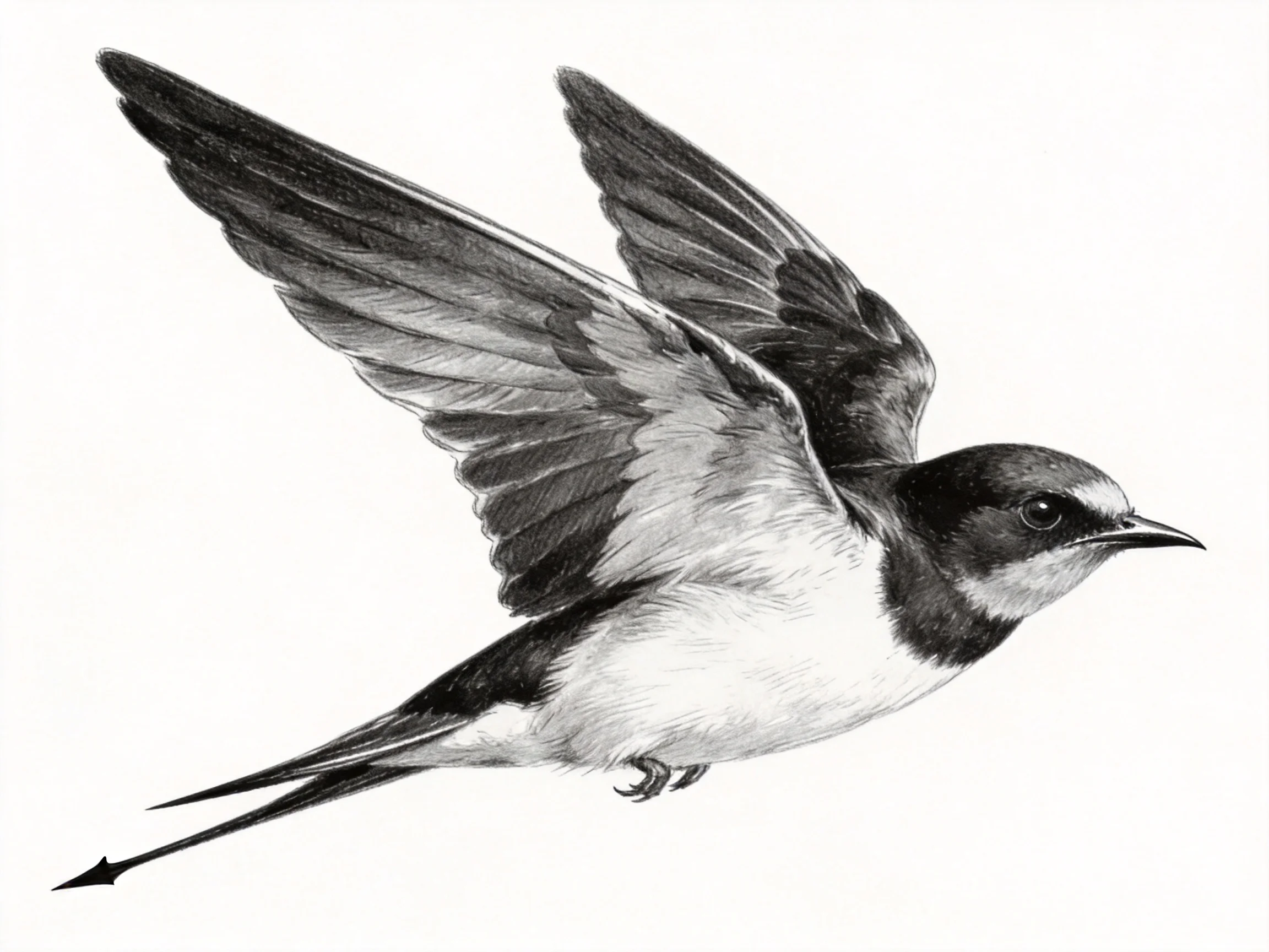 A black-and-white drawing shows a swallow flying with outstretched wings.