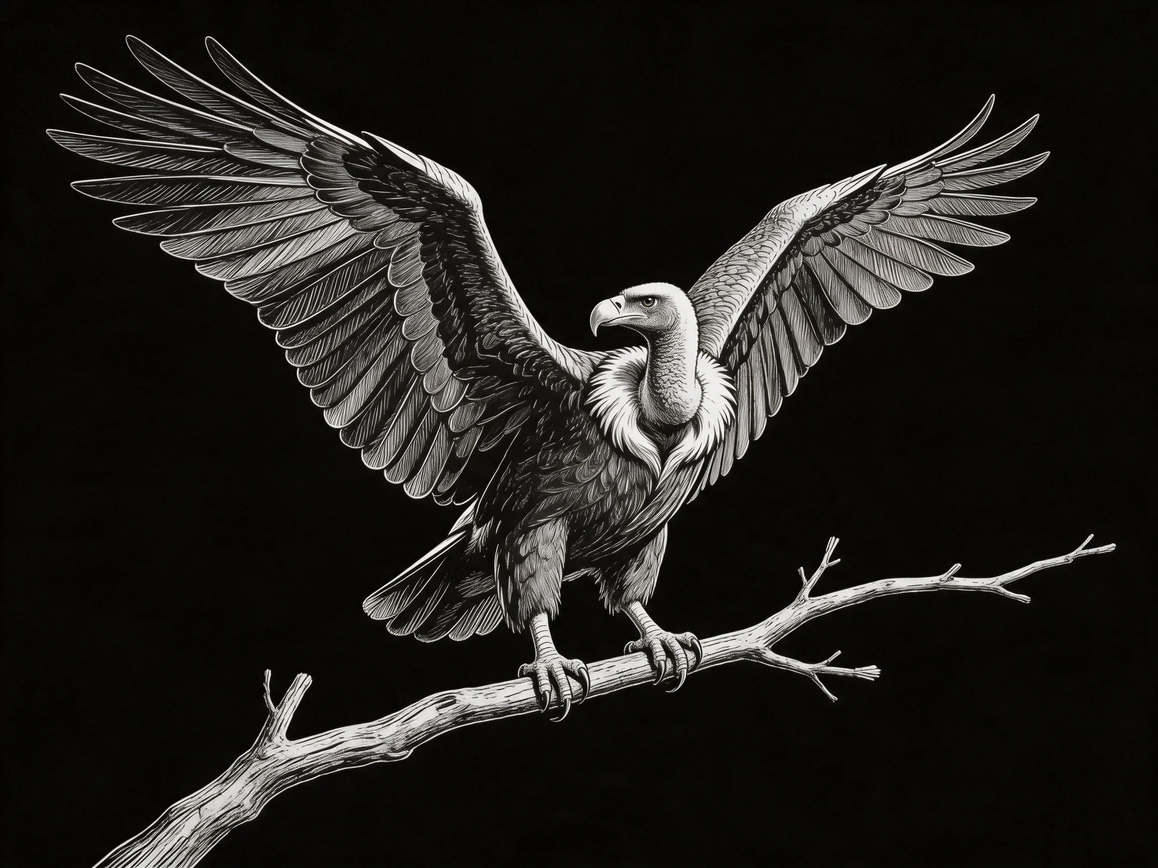A black and white illustration shows a vulture perched on a branch with outstretched wings.
