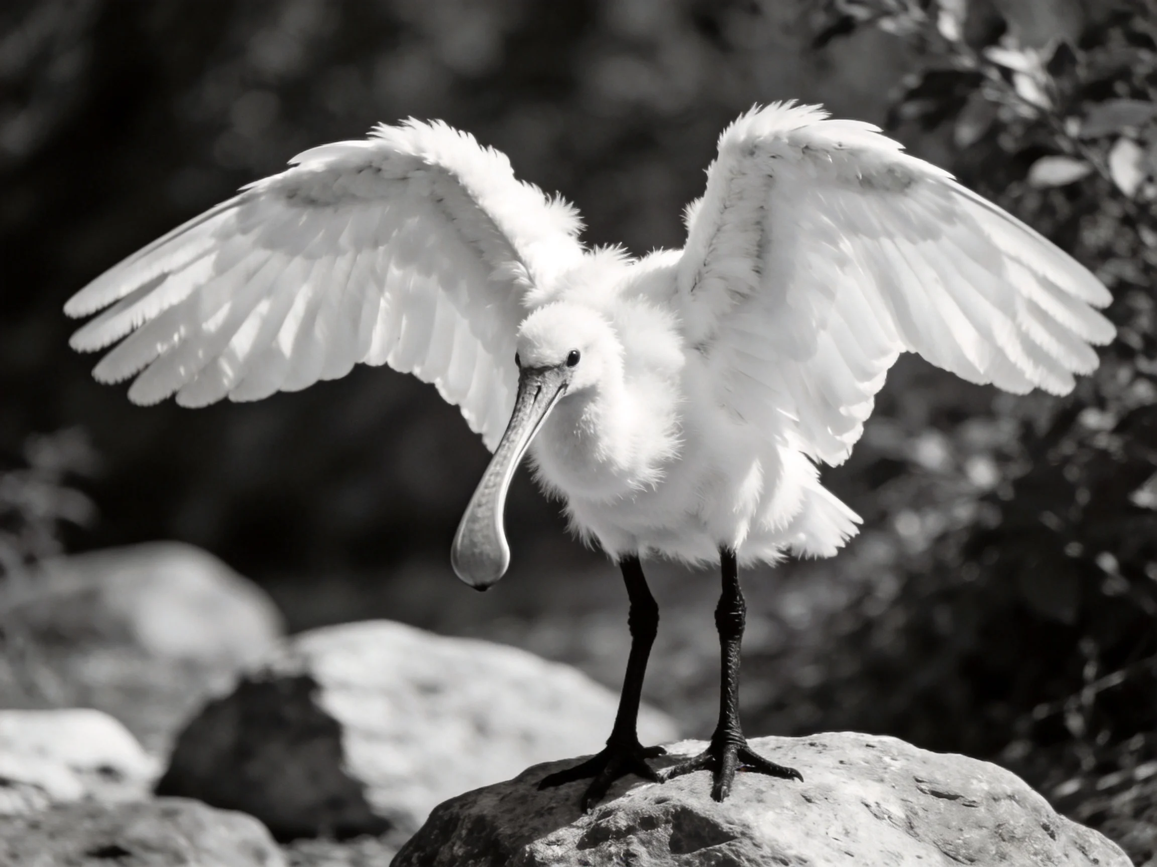 Black and white image of a spoonbill spreading wings