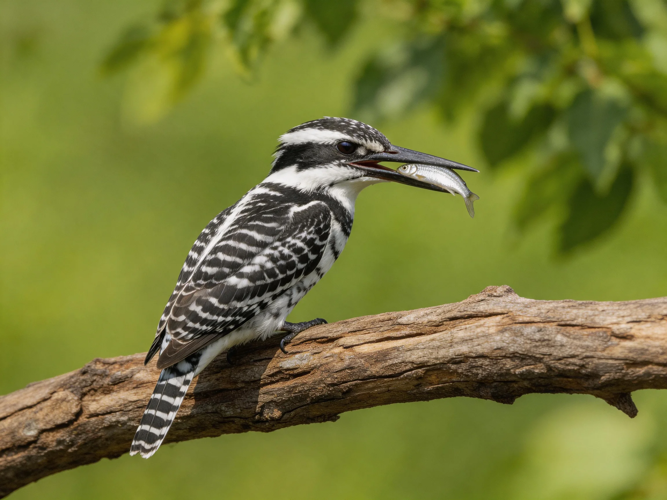 Black-and-white kingfisher holds a silver fish on a gnarled brown branch