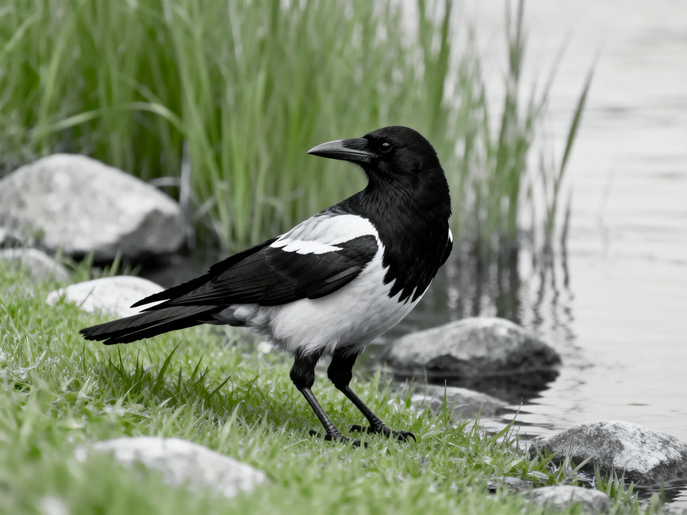 Black and white magpie near rocky water with tall grasses