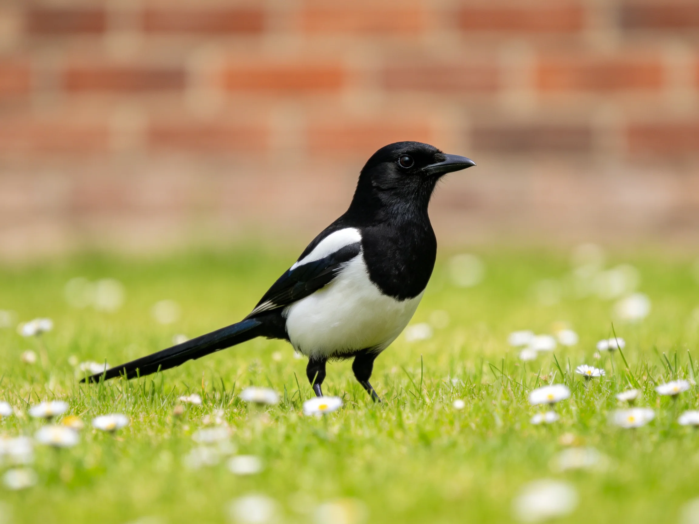 Black and white magpie on flower-laden grass by brick wall