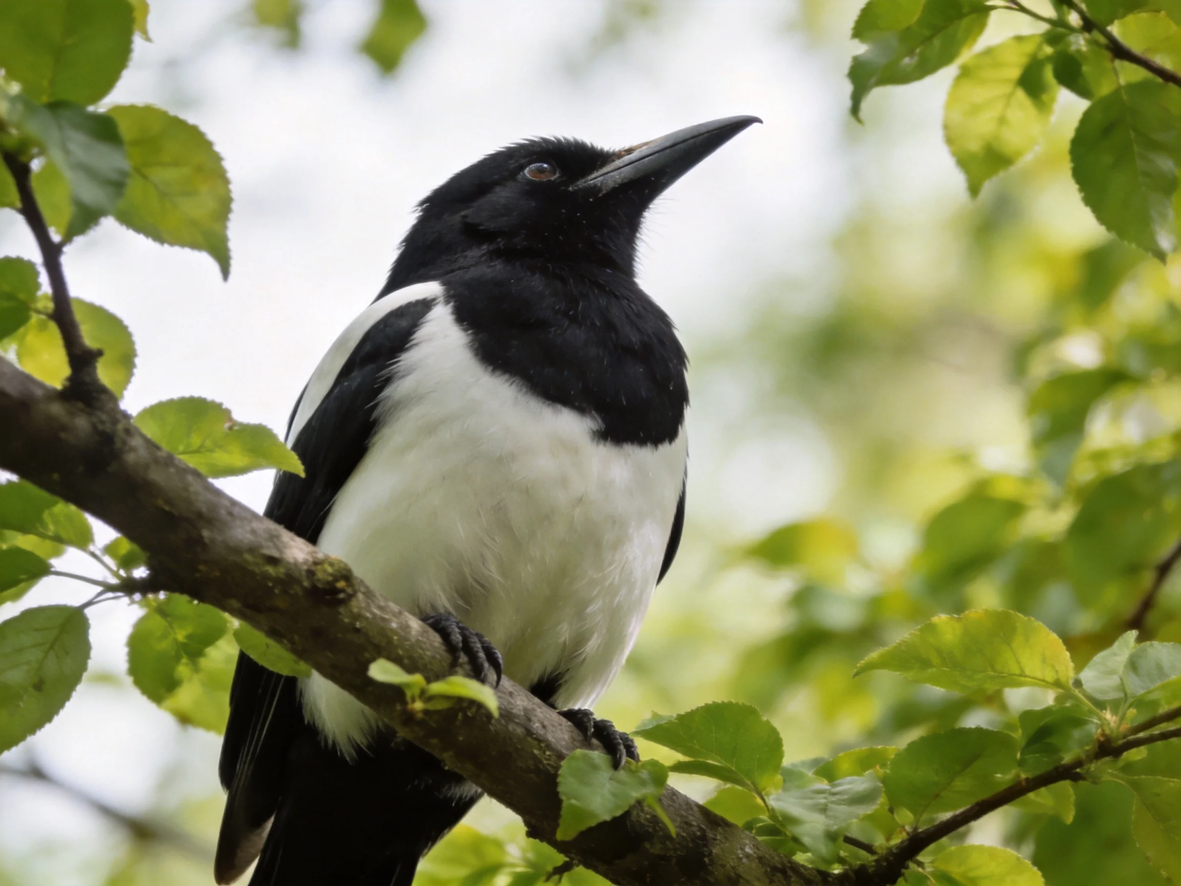 Black and white magpie perched on a leafy branch