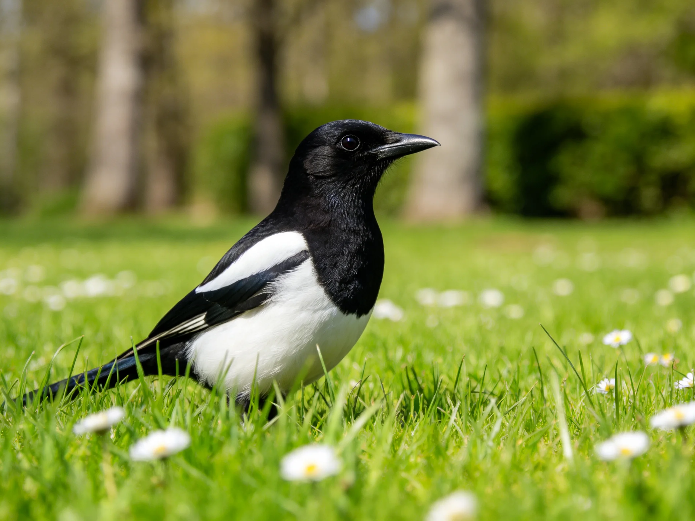 Black-and-white magpie perched on grass with small white flowers