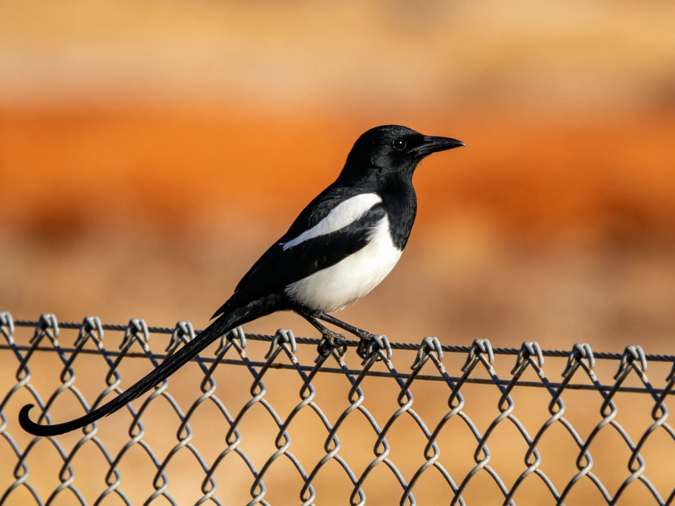 Black and white magpie perched on silver chain-link fence with warm-toned backdrop