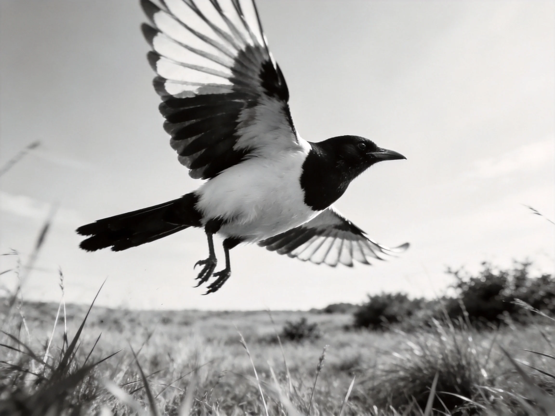 Black and white magpie soaring over an open grassy field