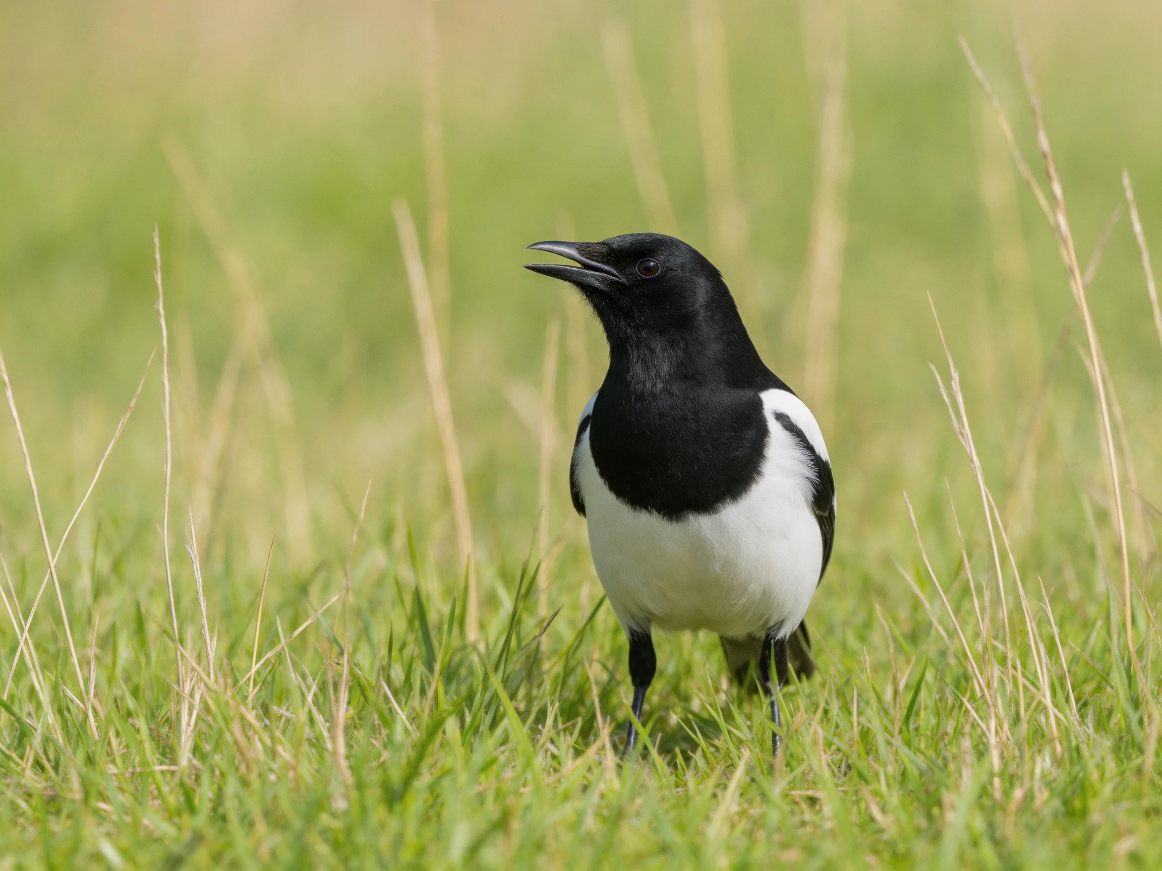 Black and white magpie standing in tall green grass