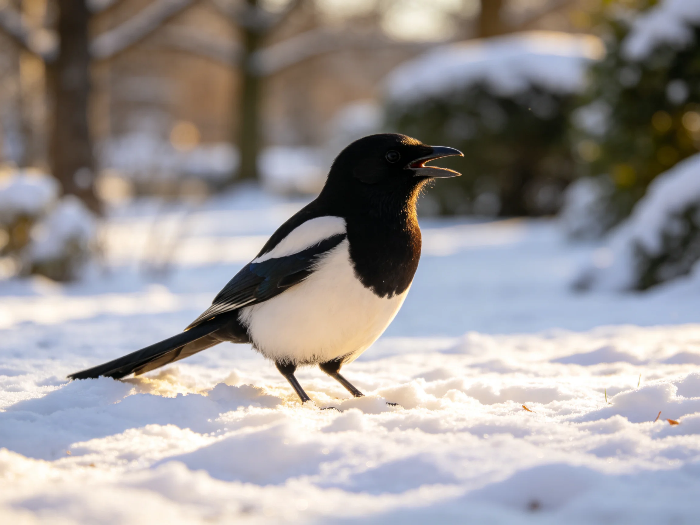 Black and white magpie standing on snowy ground in winter