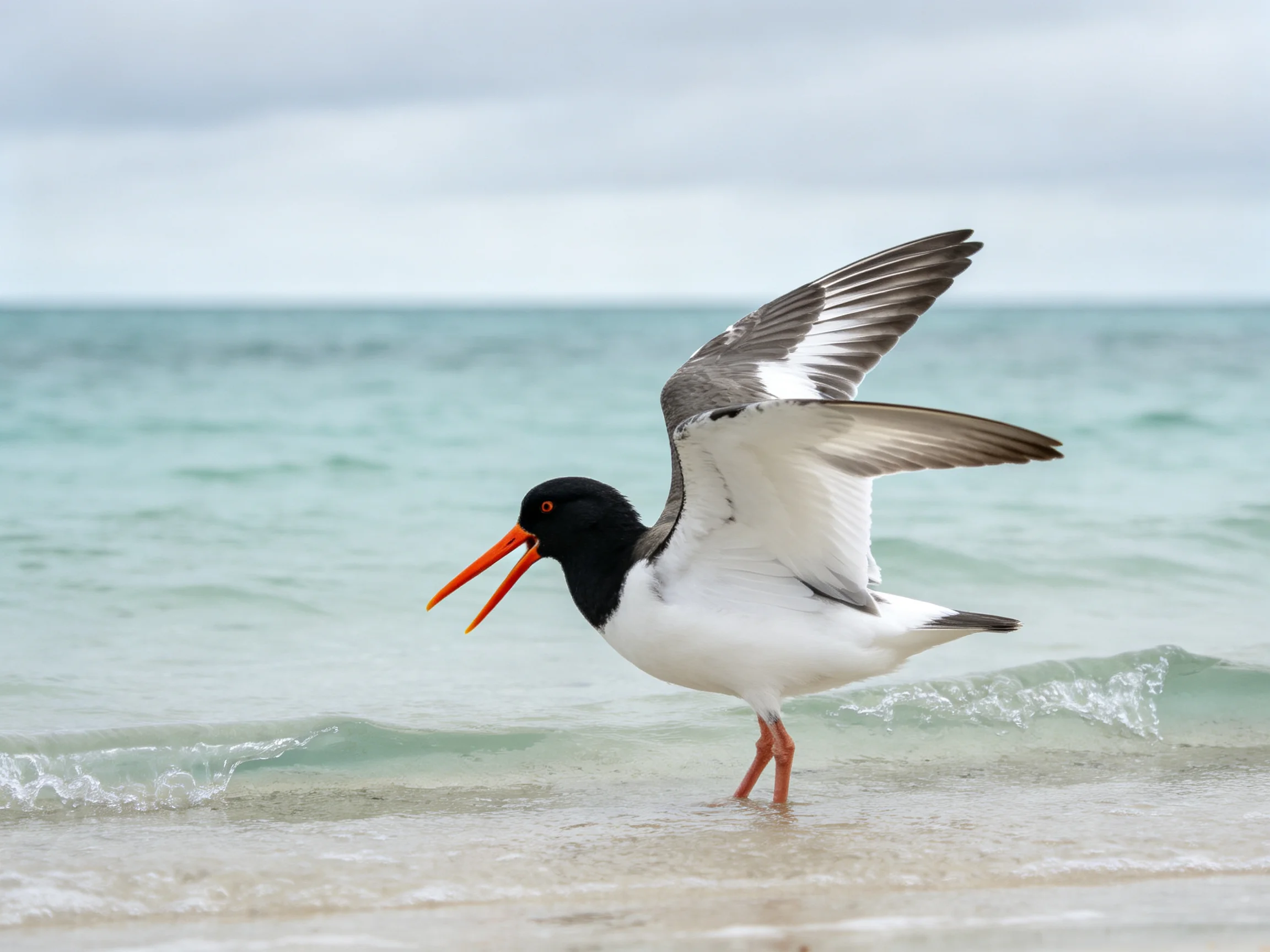 An oystercatcher stands in shallow ocean water with wings outstretched.