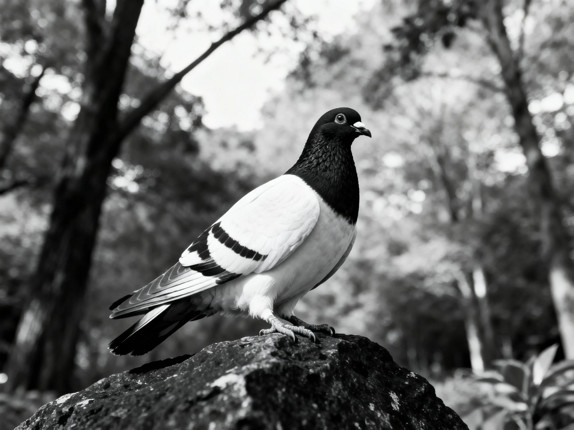 Black and white pigeon perched on a rocky outcrop in a forest