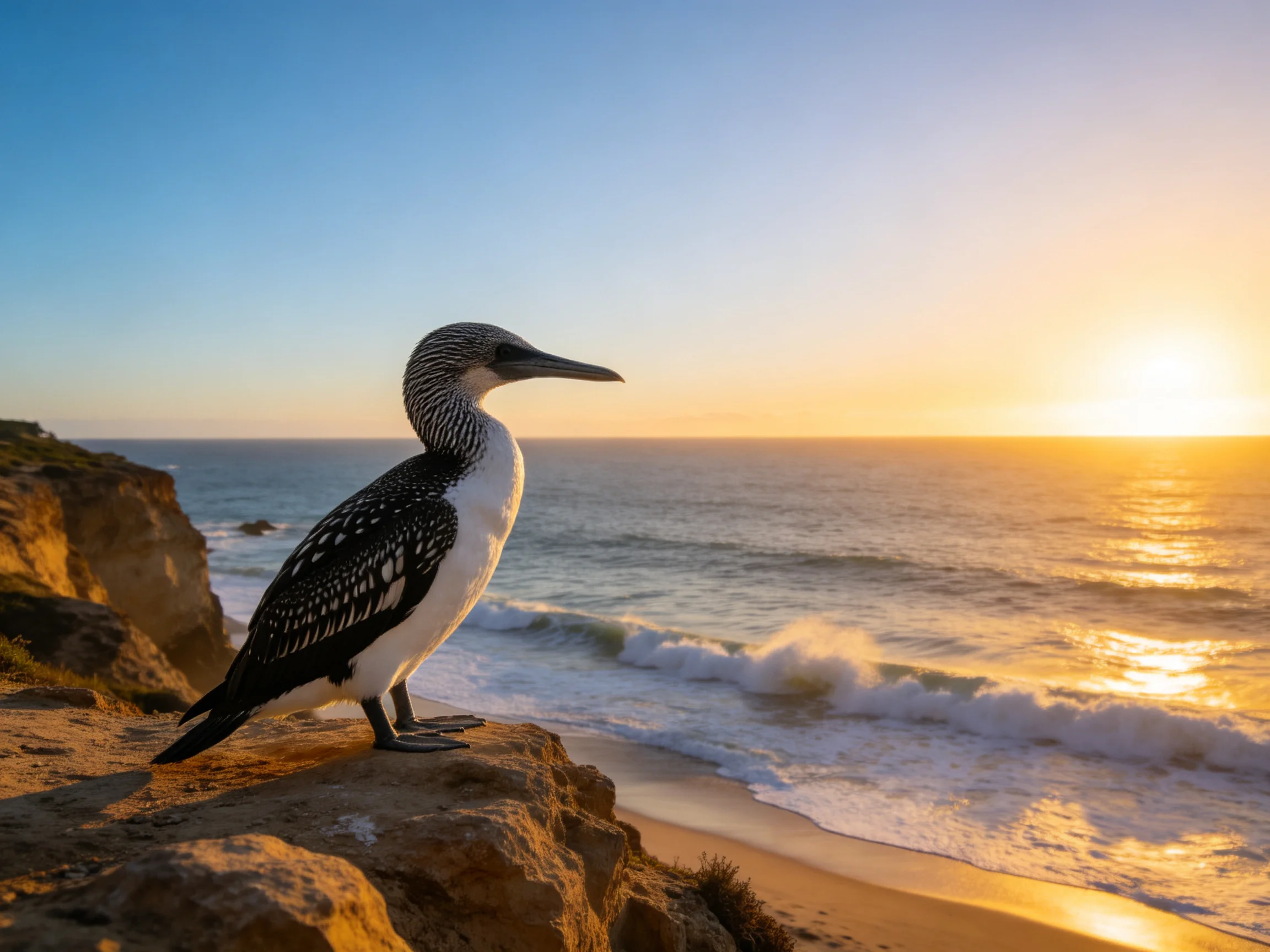 Black-and-white seabird perched on coastal cliffs by a golden sunset shore