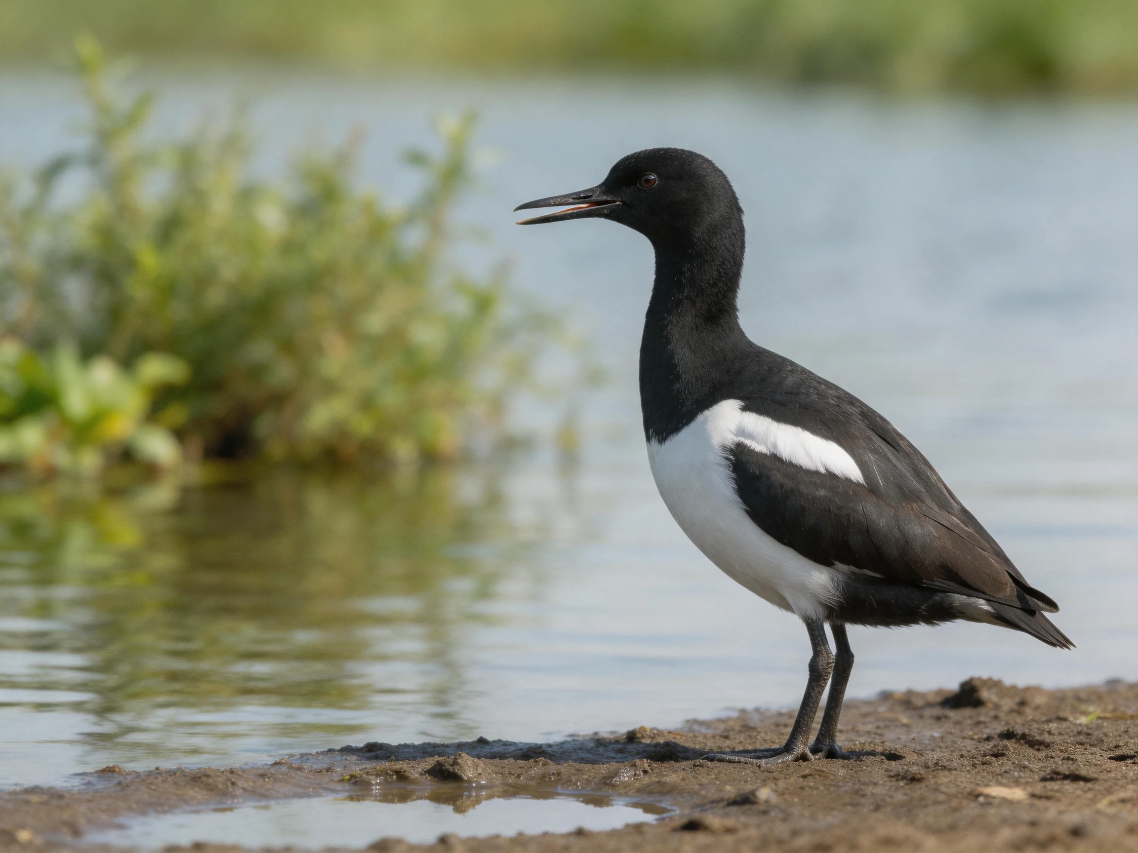 Black and white seabird standing on muddy shore by calm water