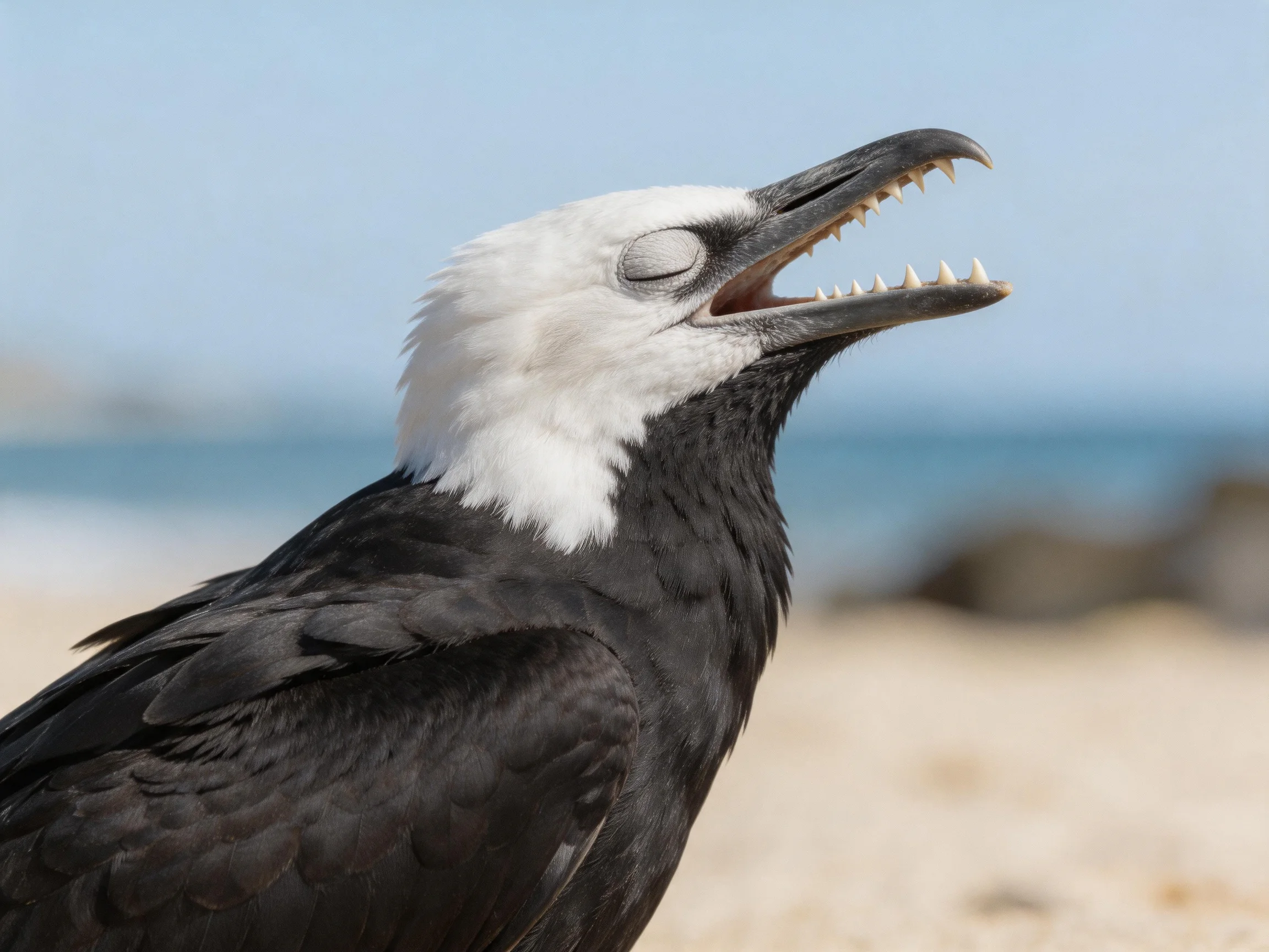 Black and white seabird with open beak on sandy shore