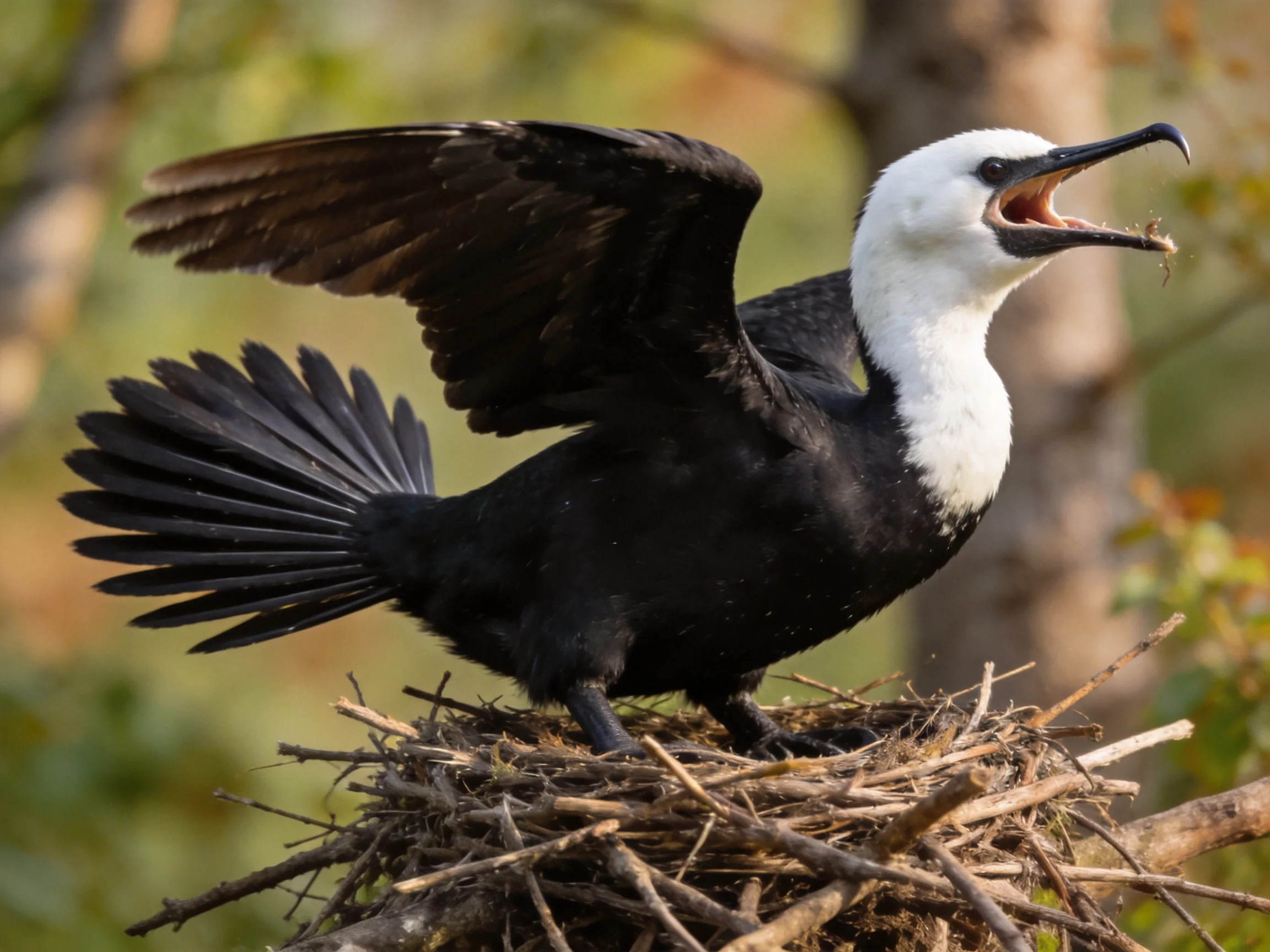 Black and white seabird with outstretched wings on twig nest