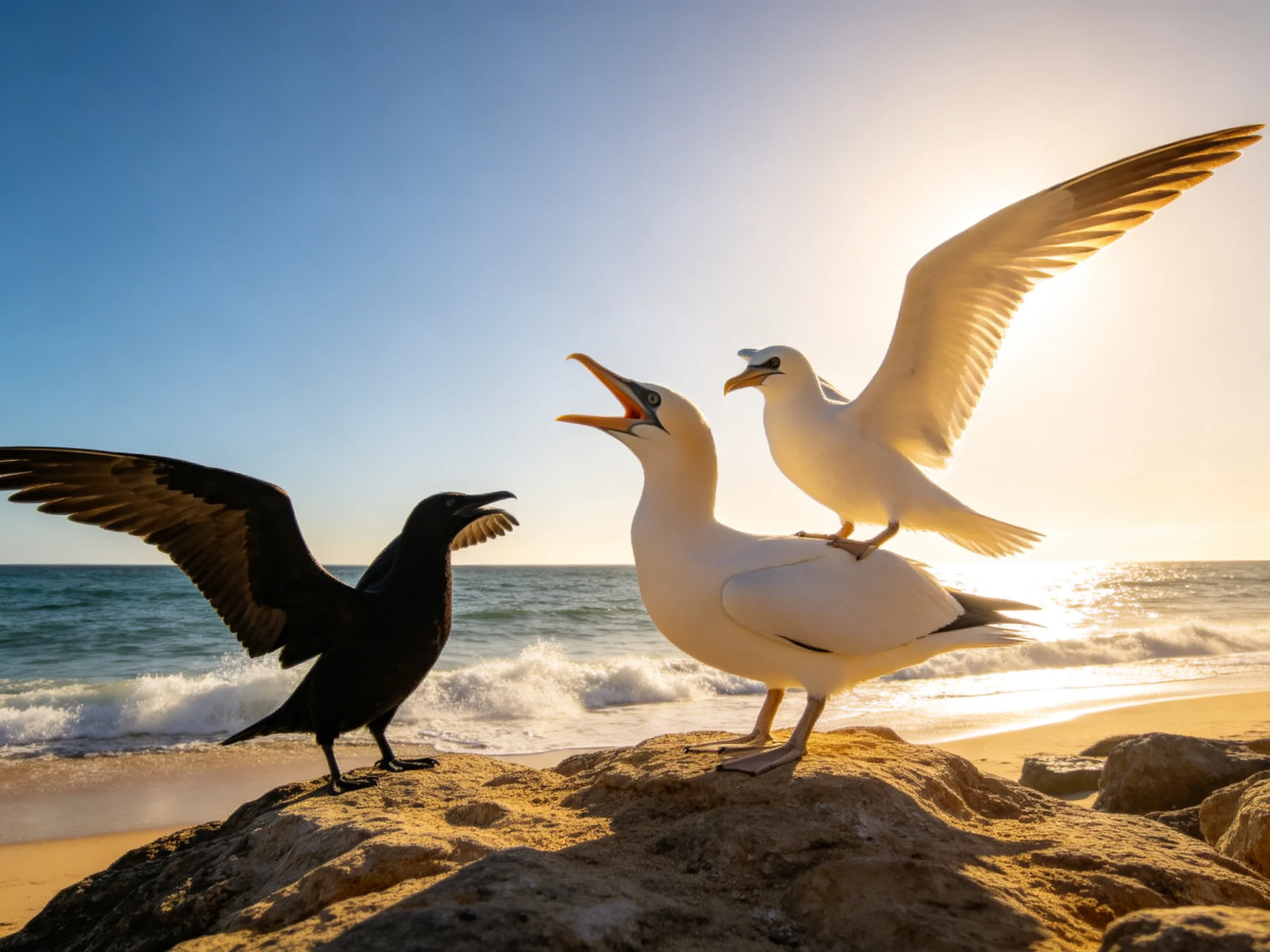 Black and white seabirds interact on a rocky beach by the ocean