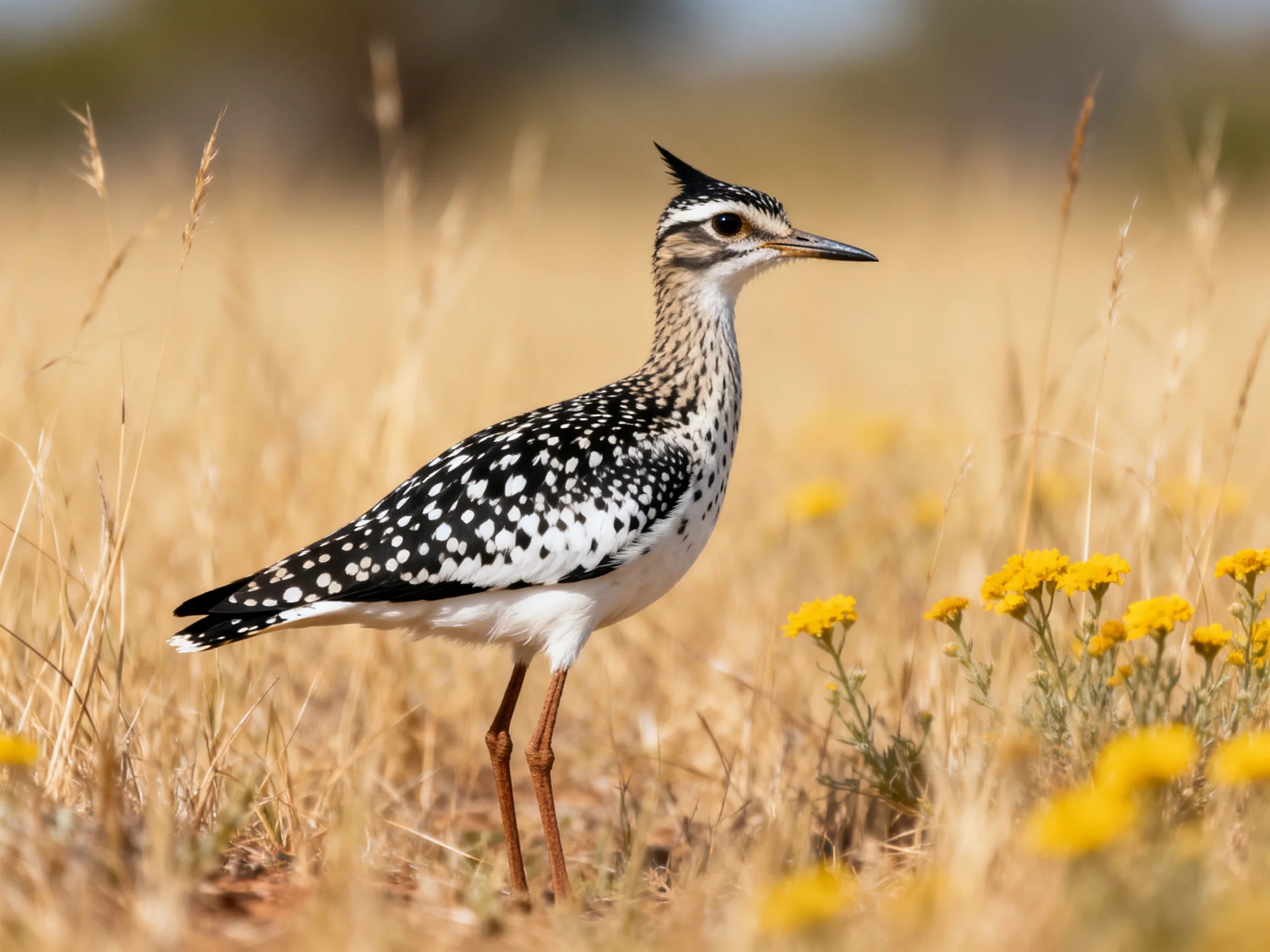 Black-and-white spotted bird among golden grasses and yellow flowers