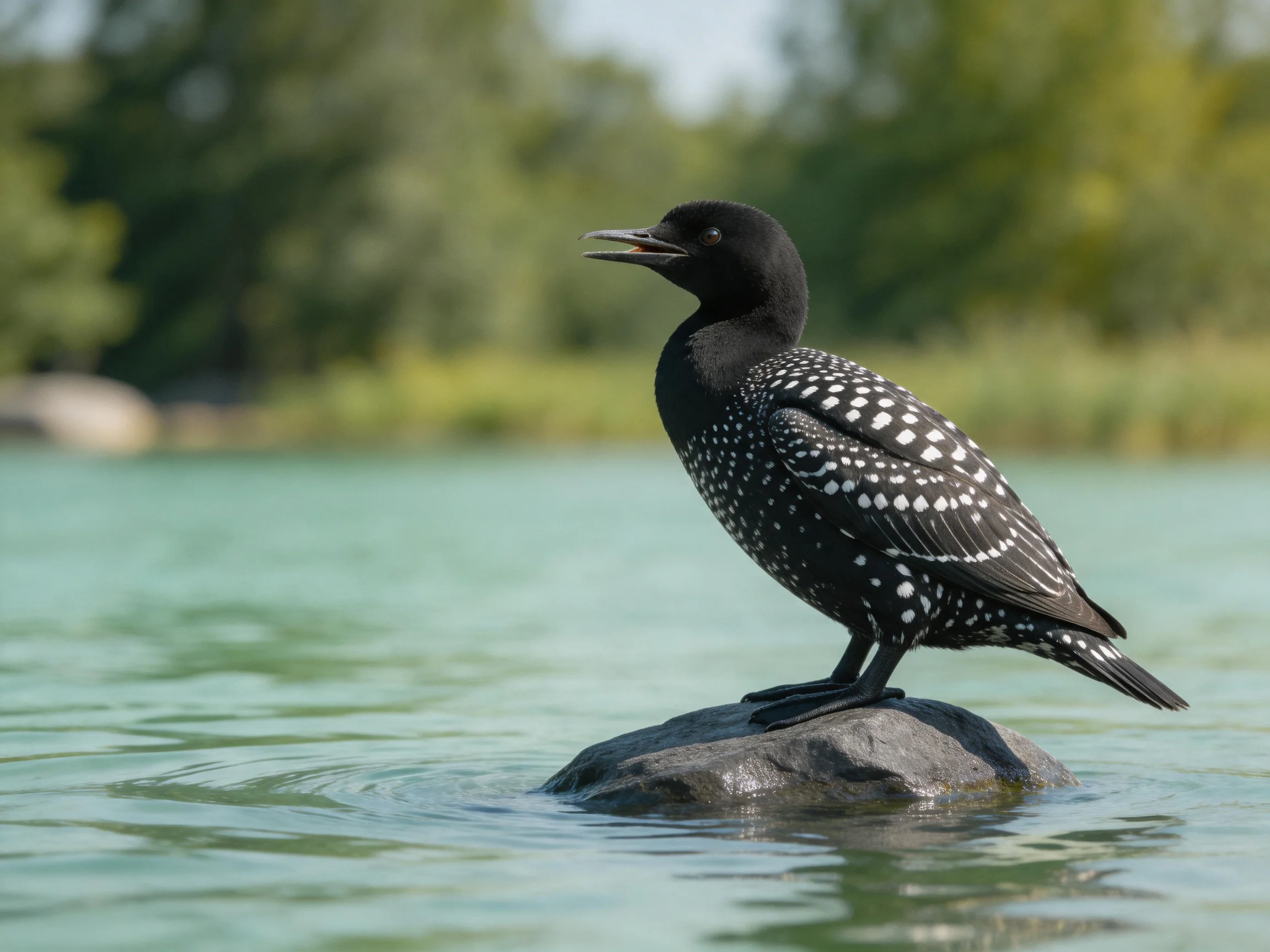 A black and white spotted bird perches on a rock in calm water.