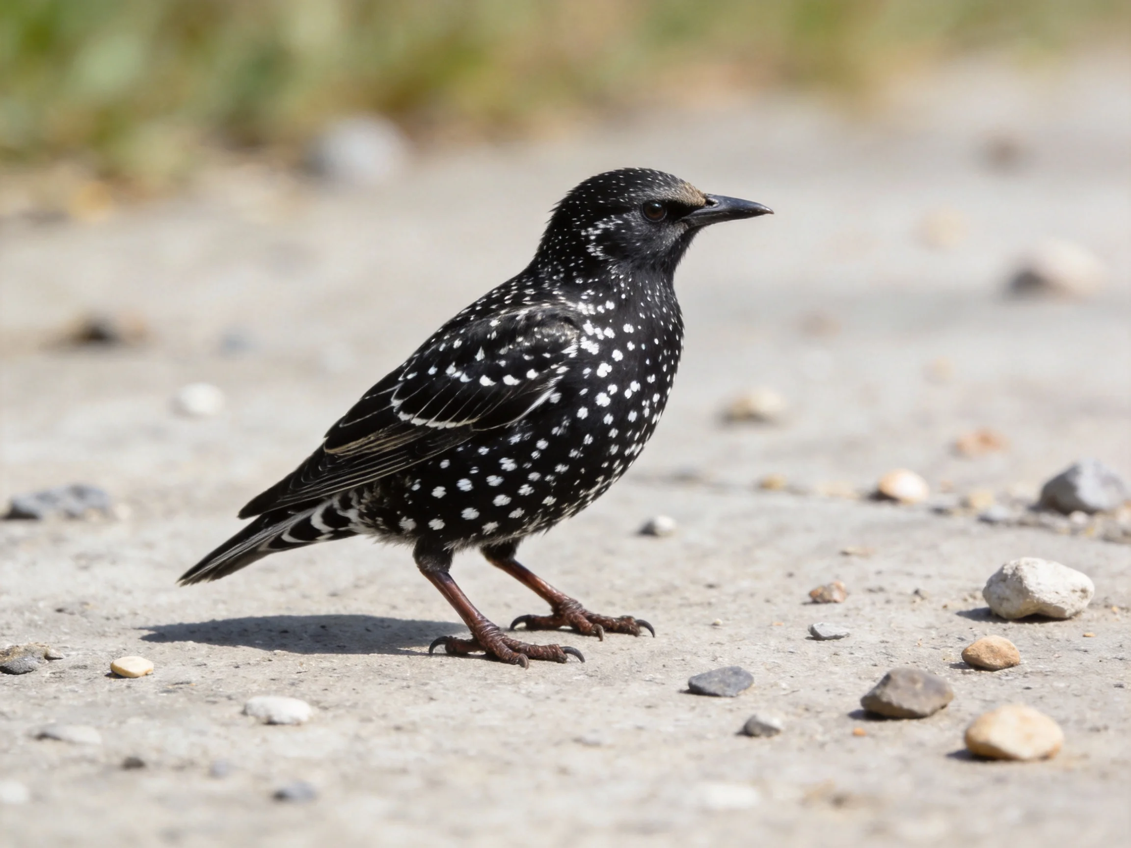 A black and white spotted starling stands on a gravelly area with scattered stones.