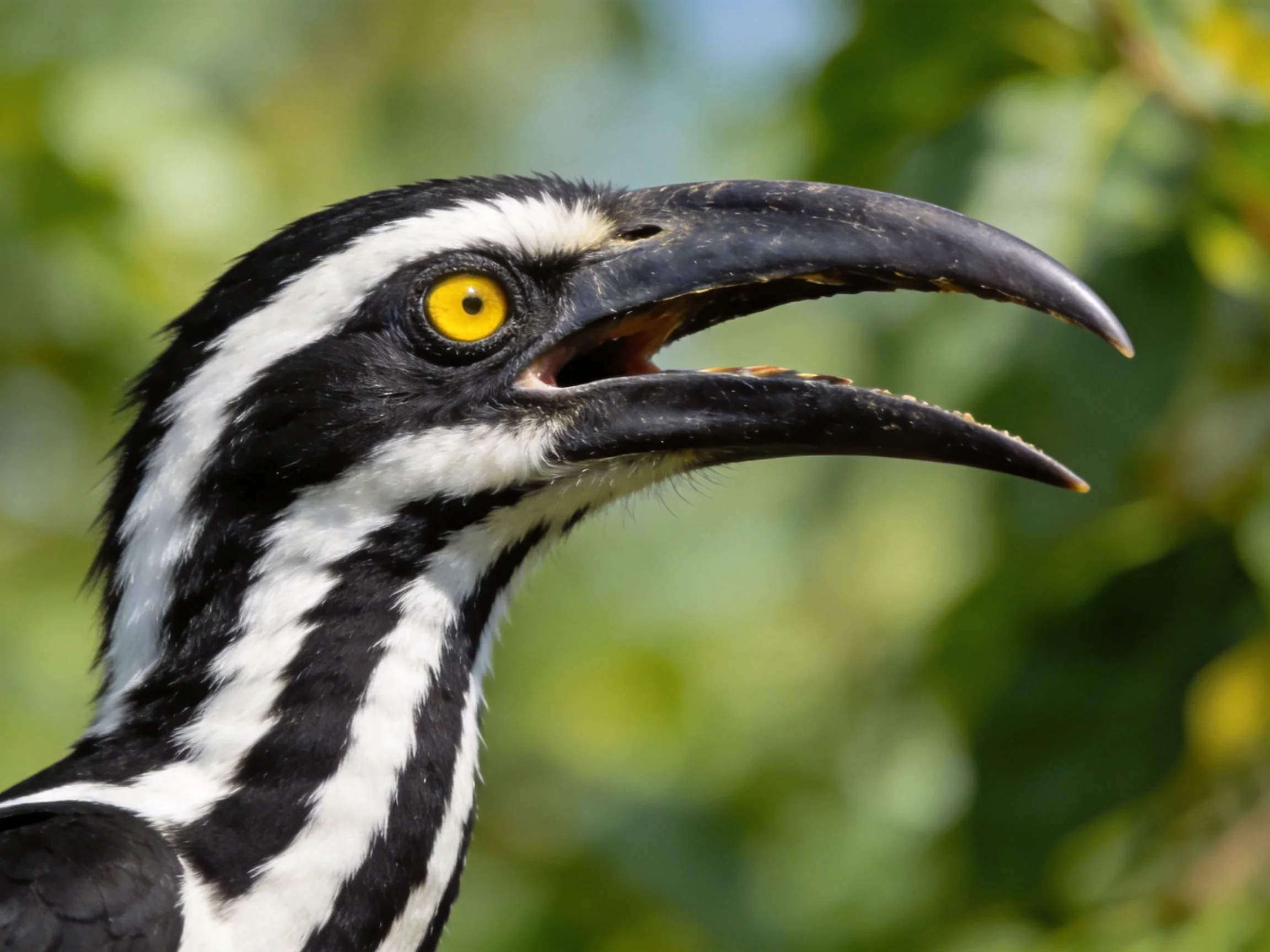 Black and white striped bird with large curved beak