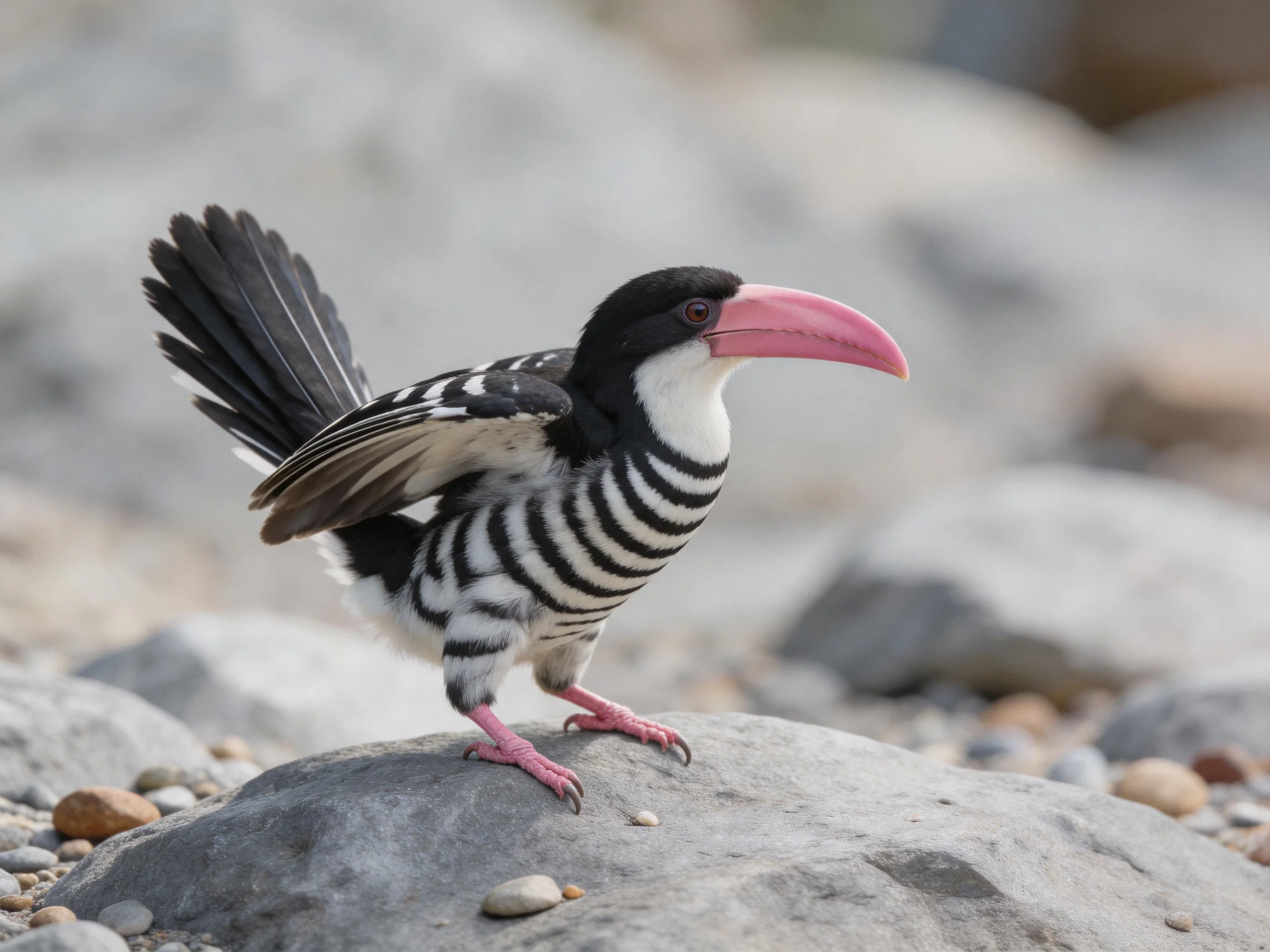 A black-and-white striped bird with a pink beak stands on a rock among stones.