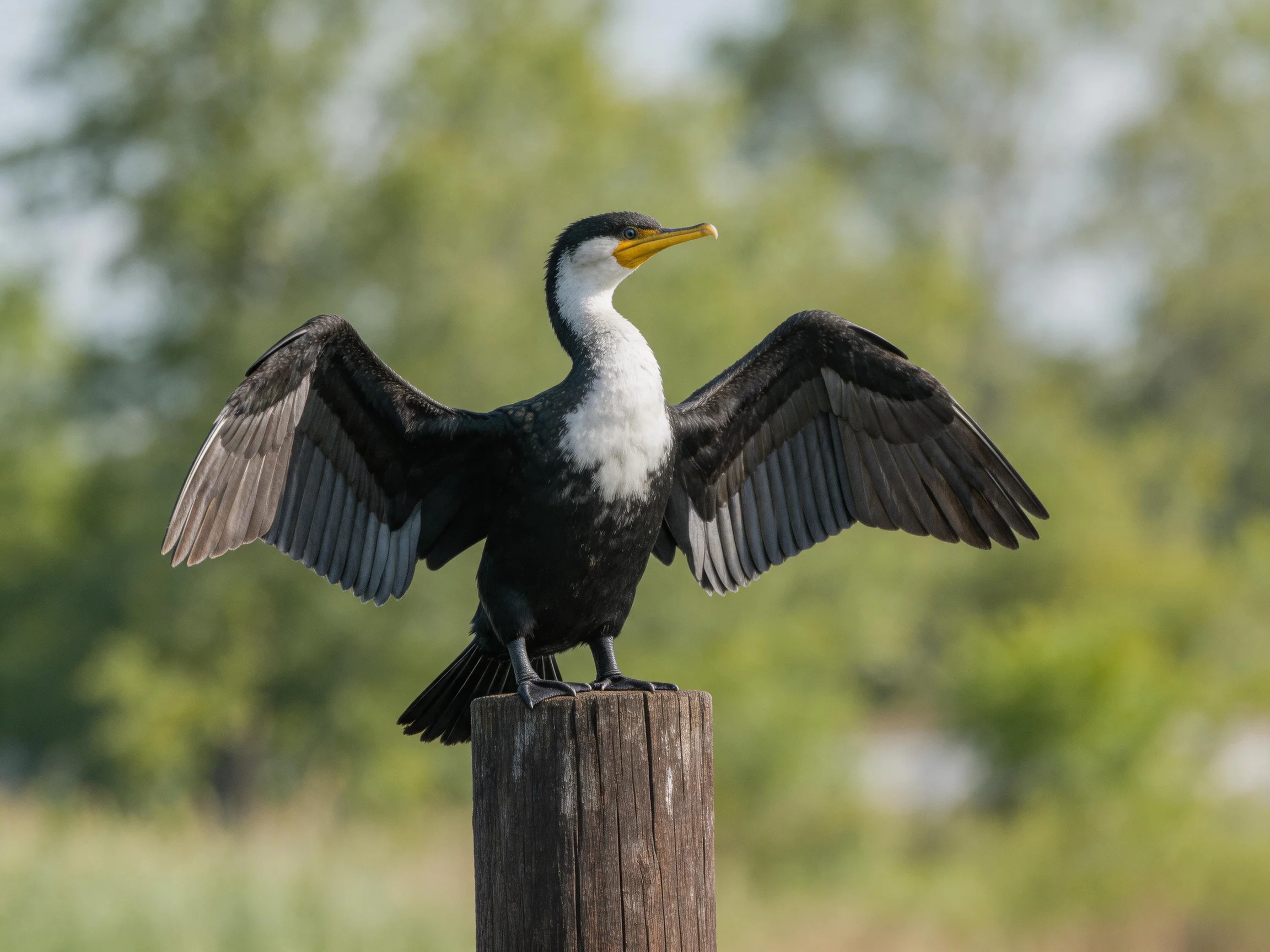 Black and white waterbird spreading wings on weathered wooden post