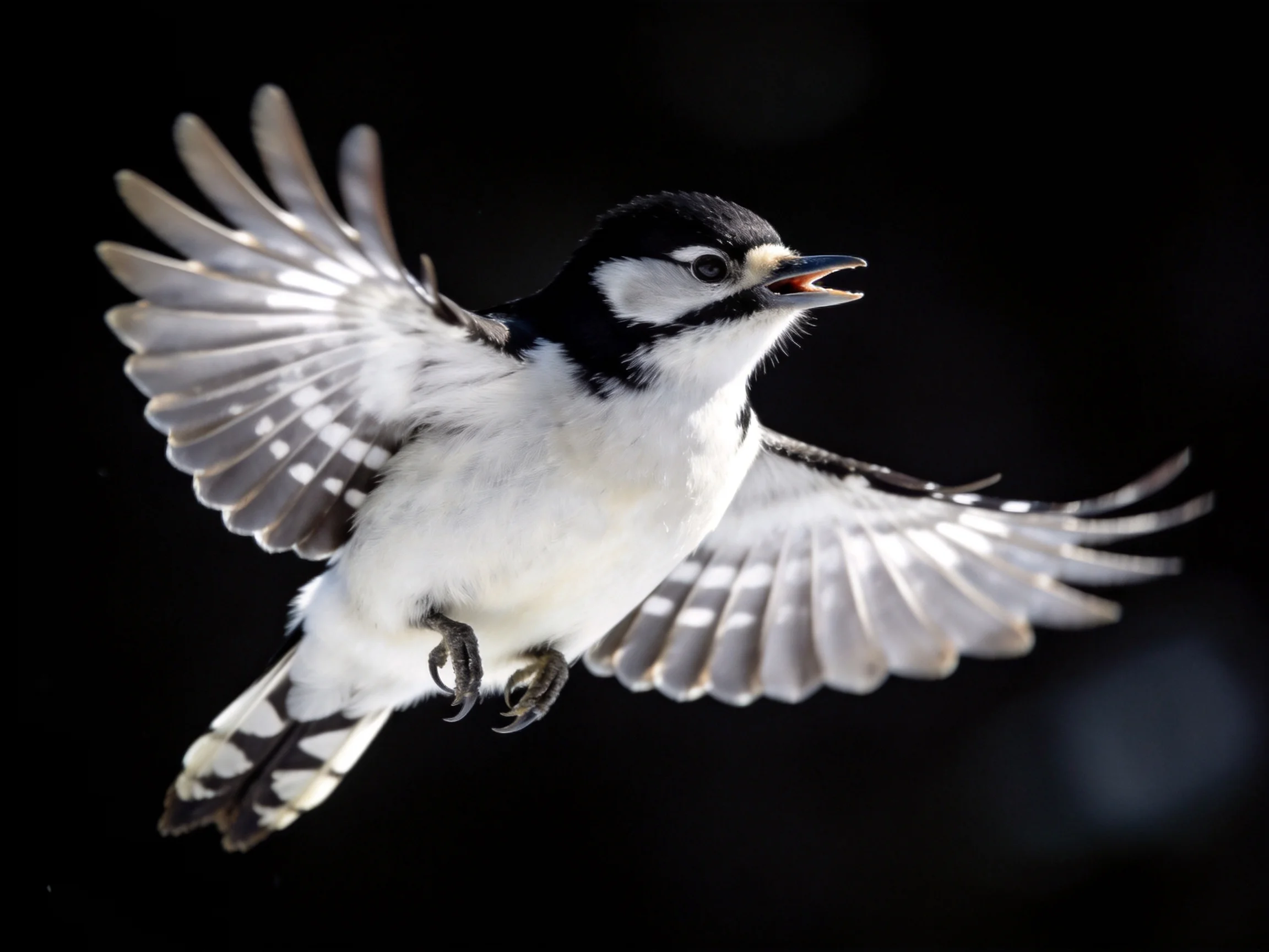 Black - and - white woodpecker flying with wings outstretched