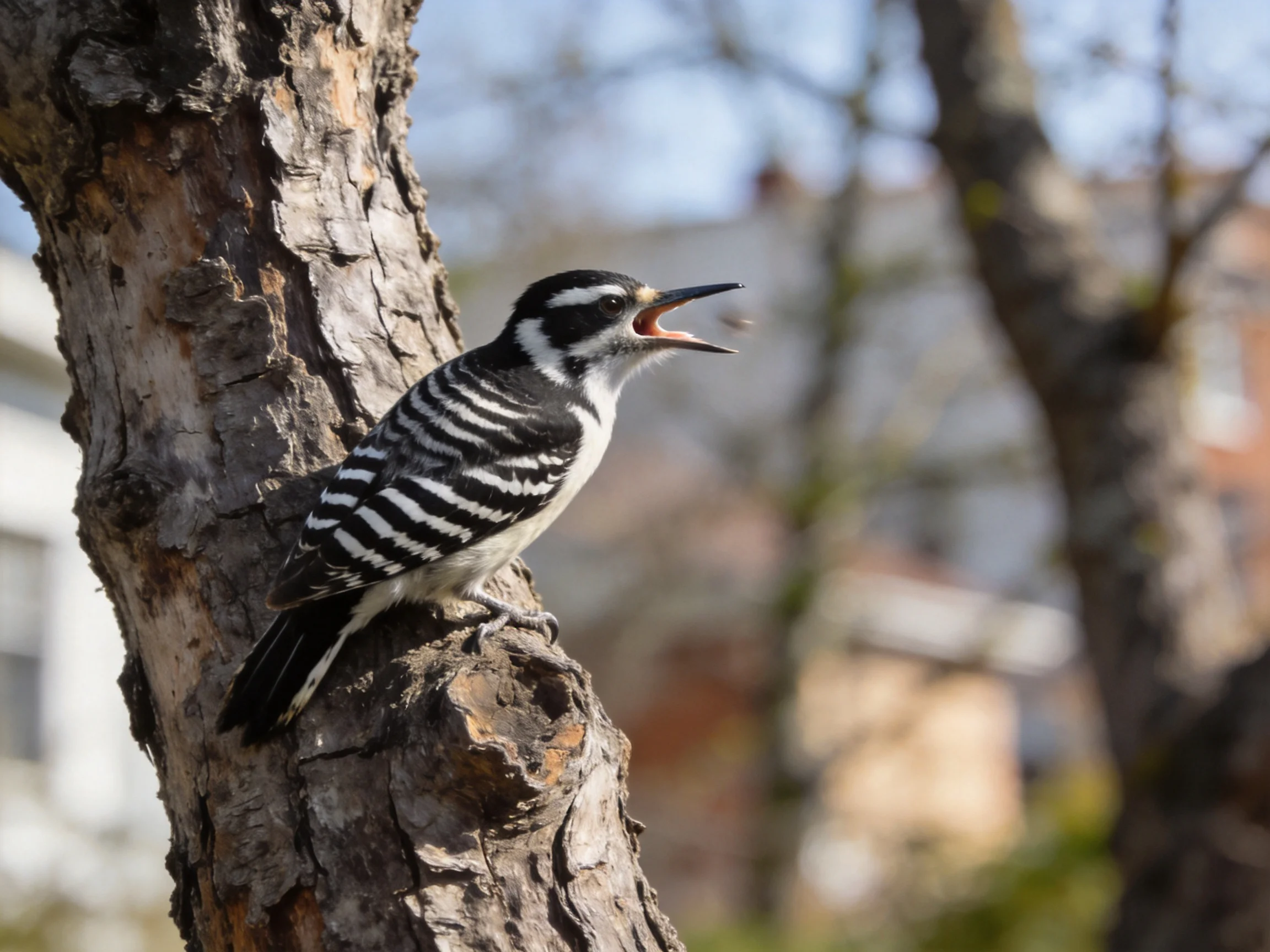 Black-and-white woodpecker on a gnarled tree trunk