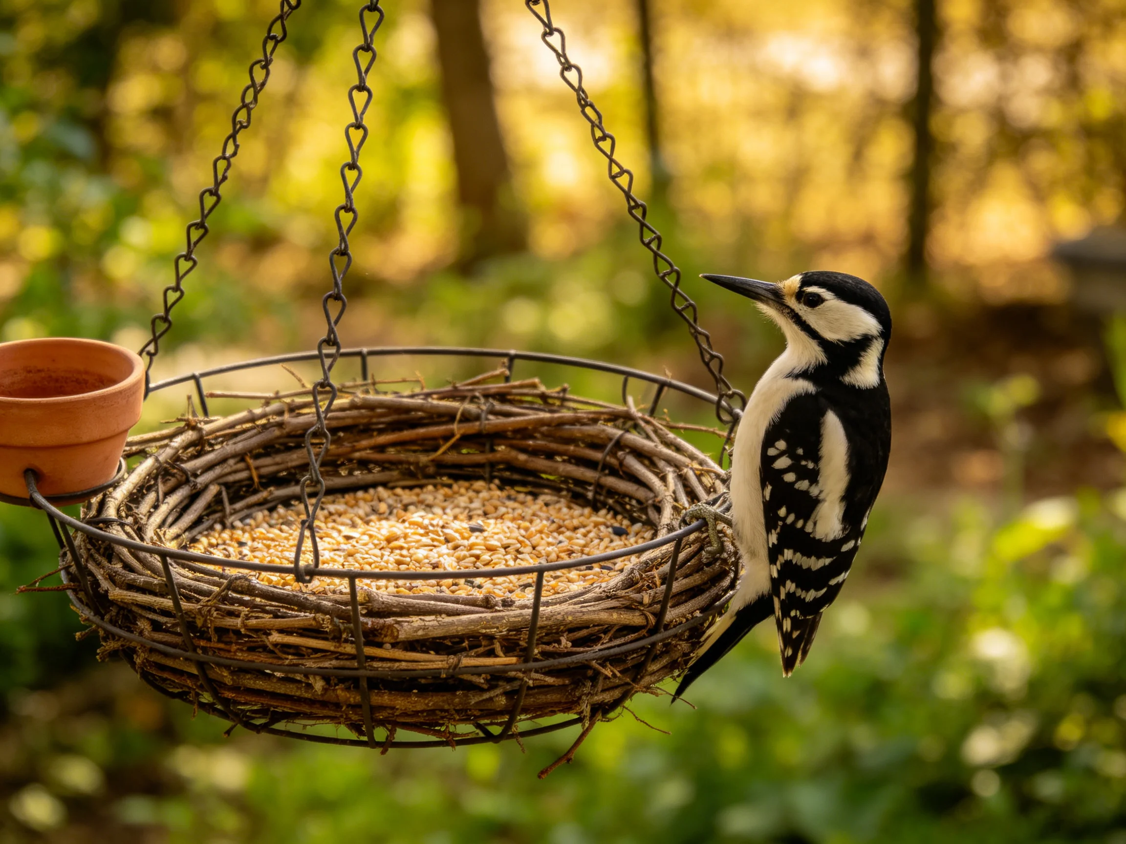 Black-and-white woodpecker on twig bird feeder with seeds