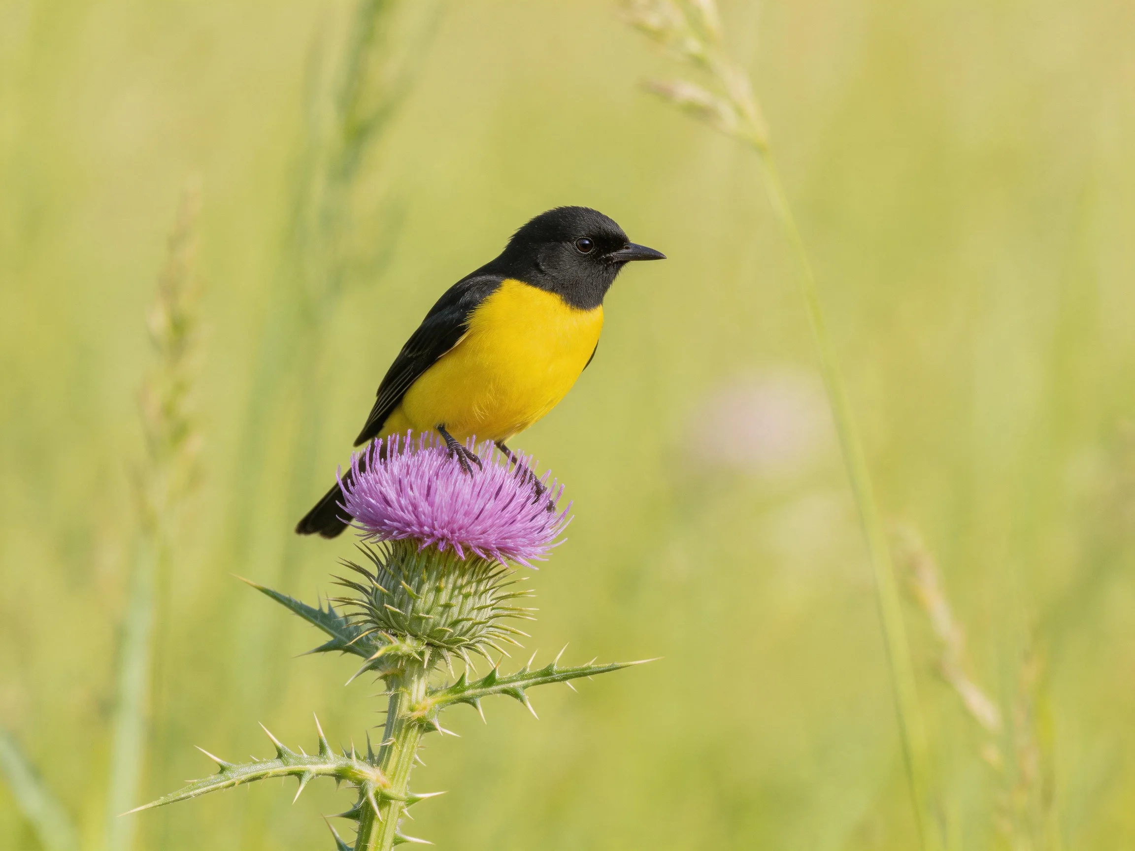 Black-and-yellow bird perched on a purple thistle flower