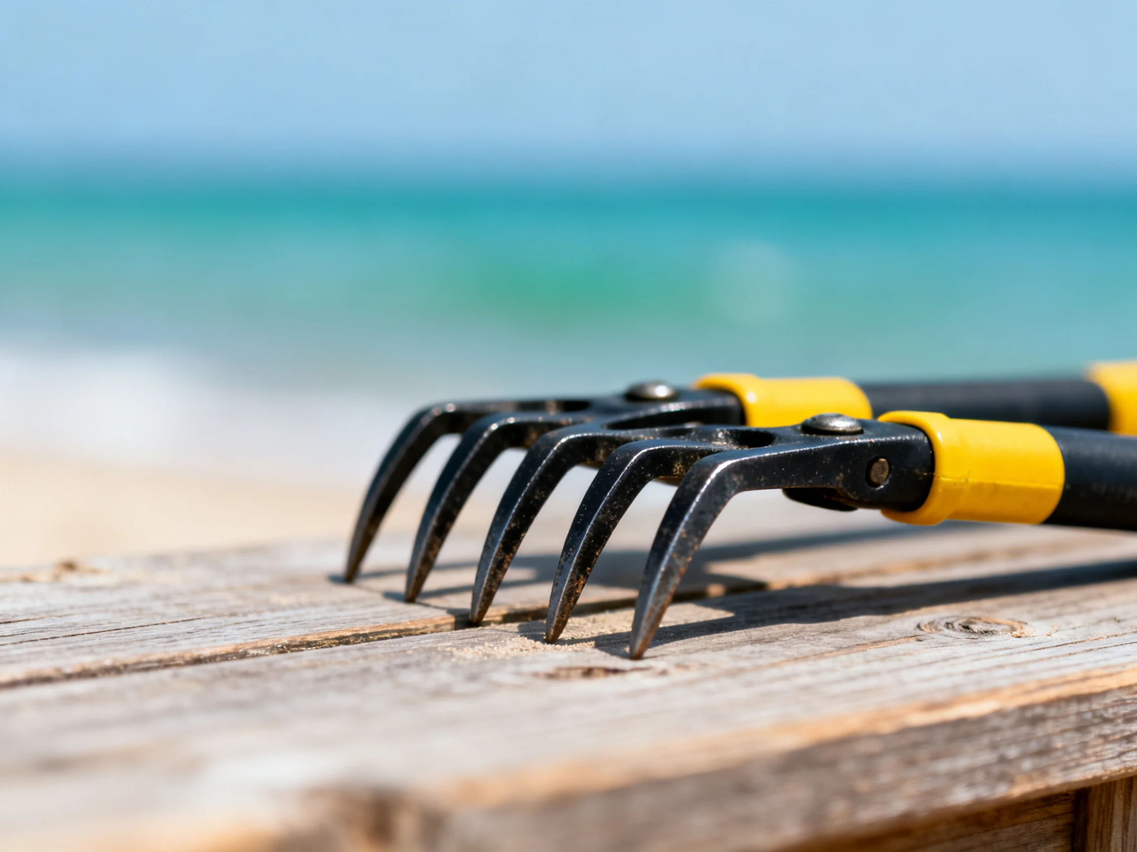 Black and yellow garden rake with five metal prongs on weathered wood near ocean