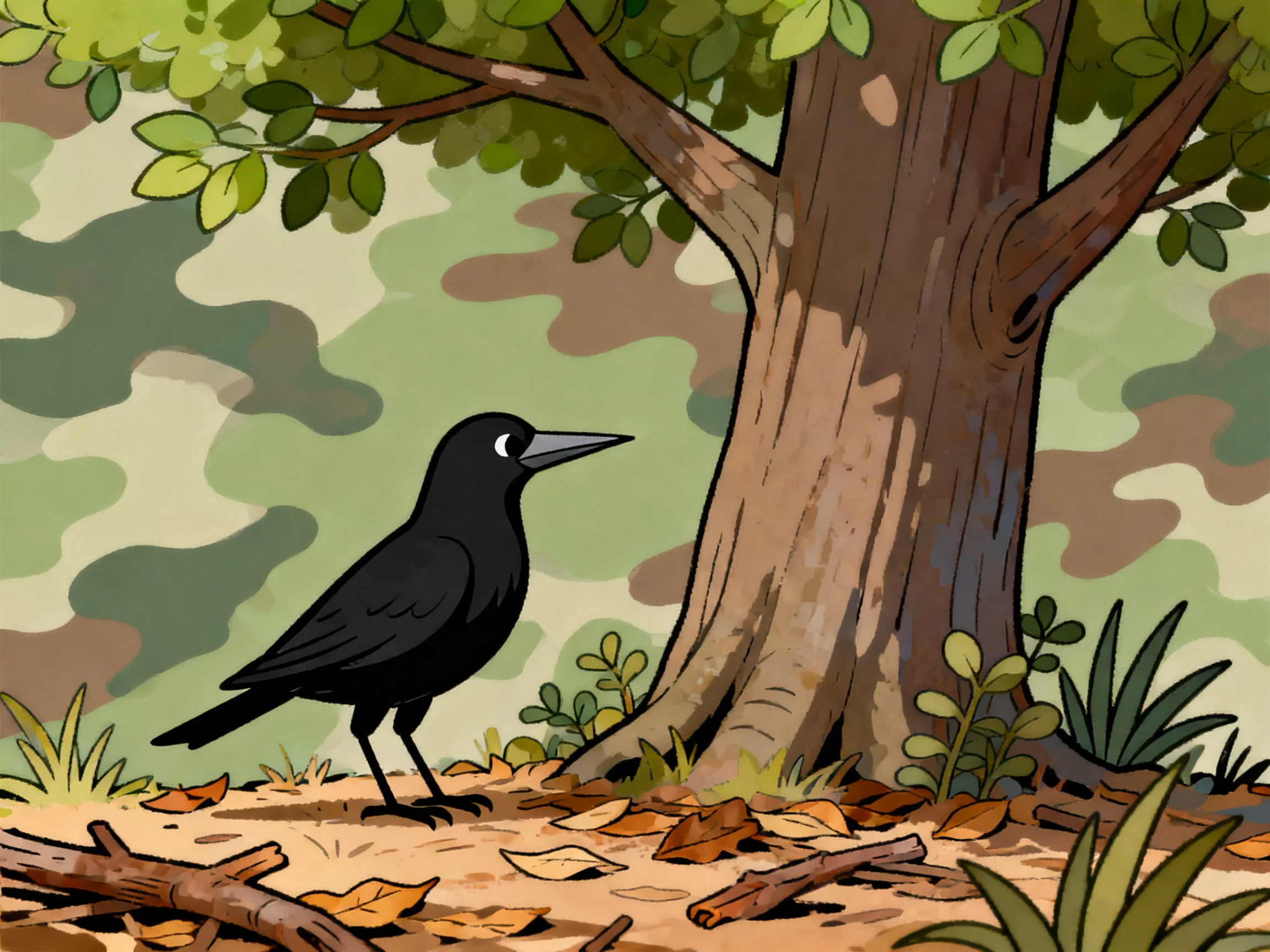 Black bird by large tree with scattered leaves