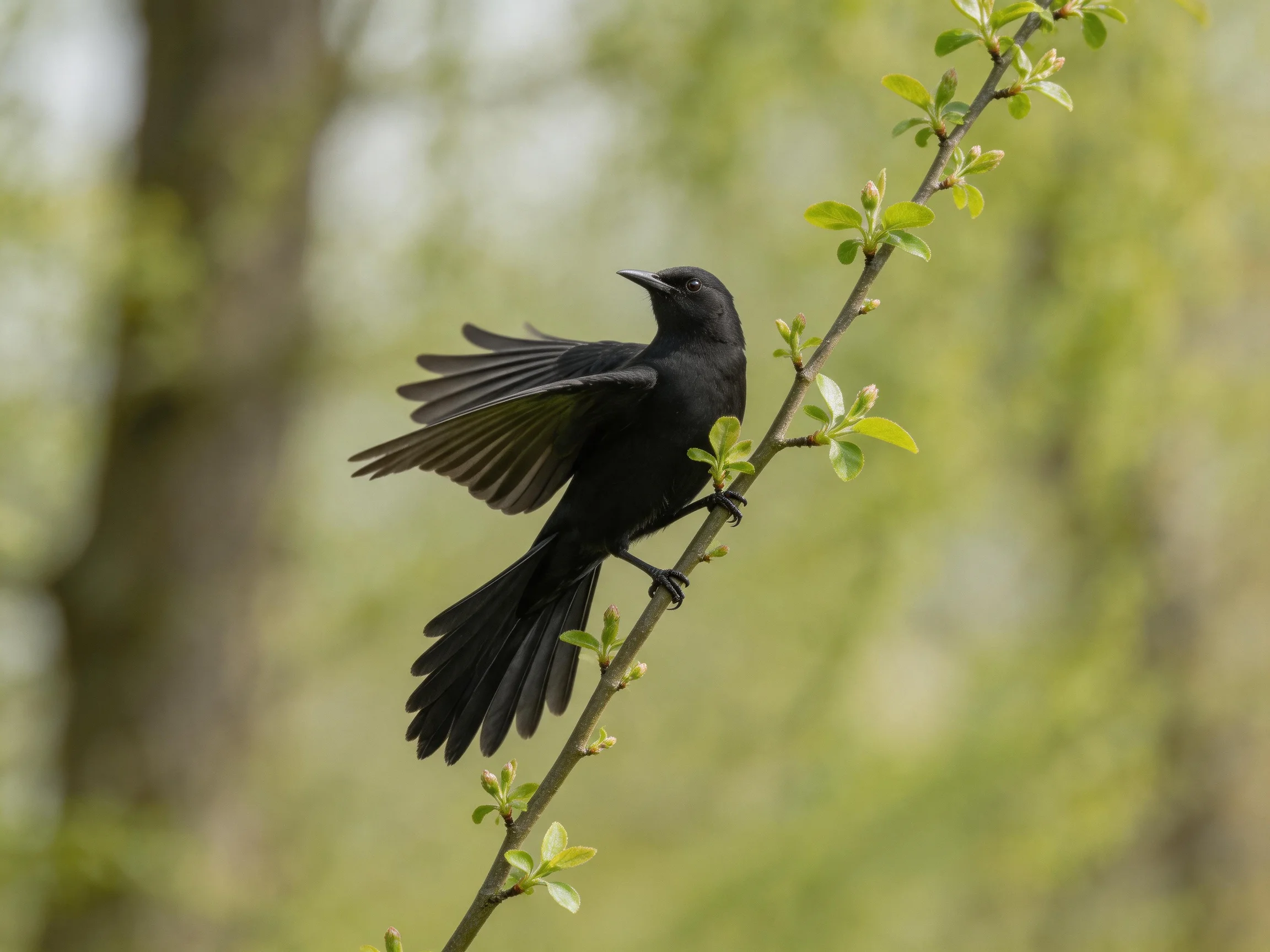 Black bird perched on a leafy branch with wings spread