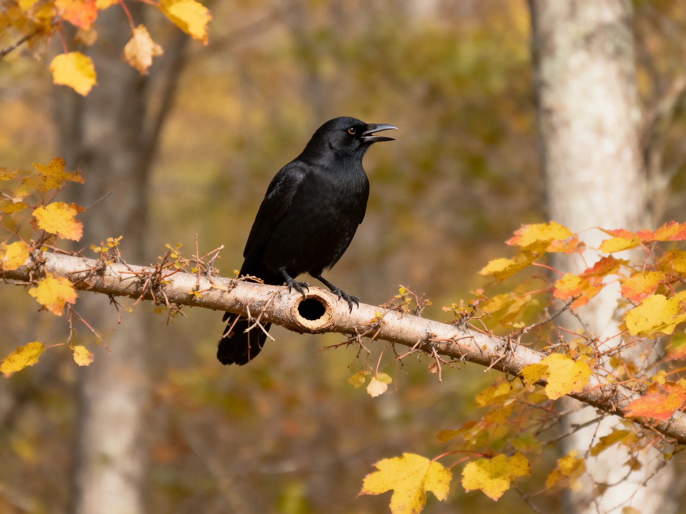 Black bird perched on an autumn tree branch