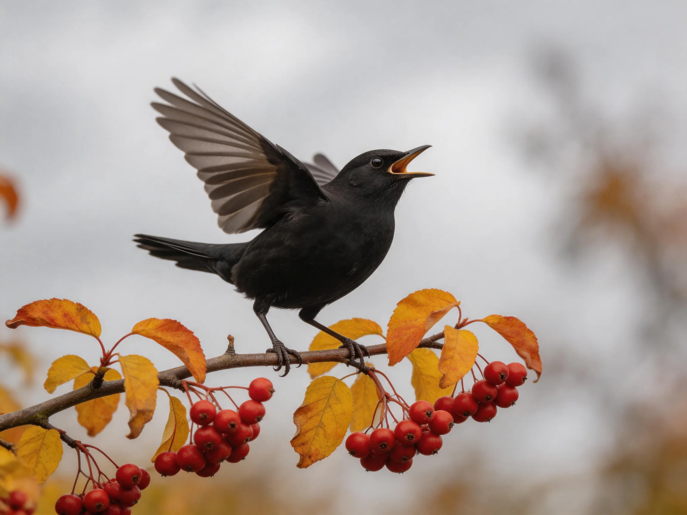 Black bird perched on branch with red berries and autumn leaves