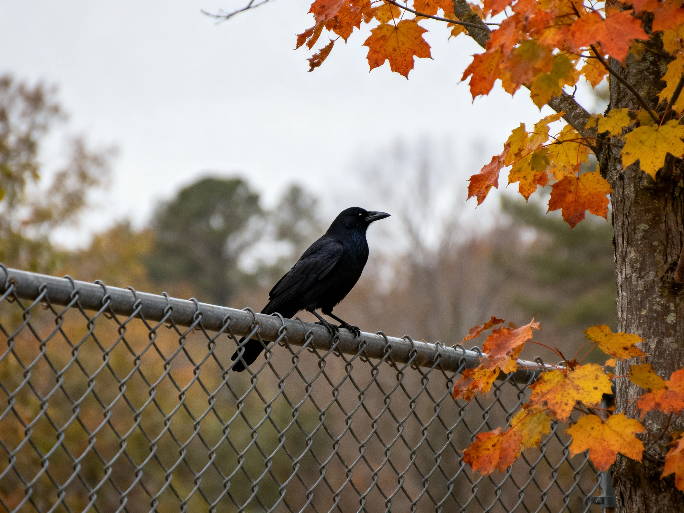 Black bird perched on chain-link fence near autumn maple trees